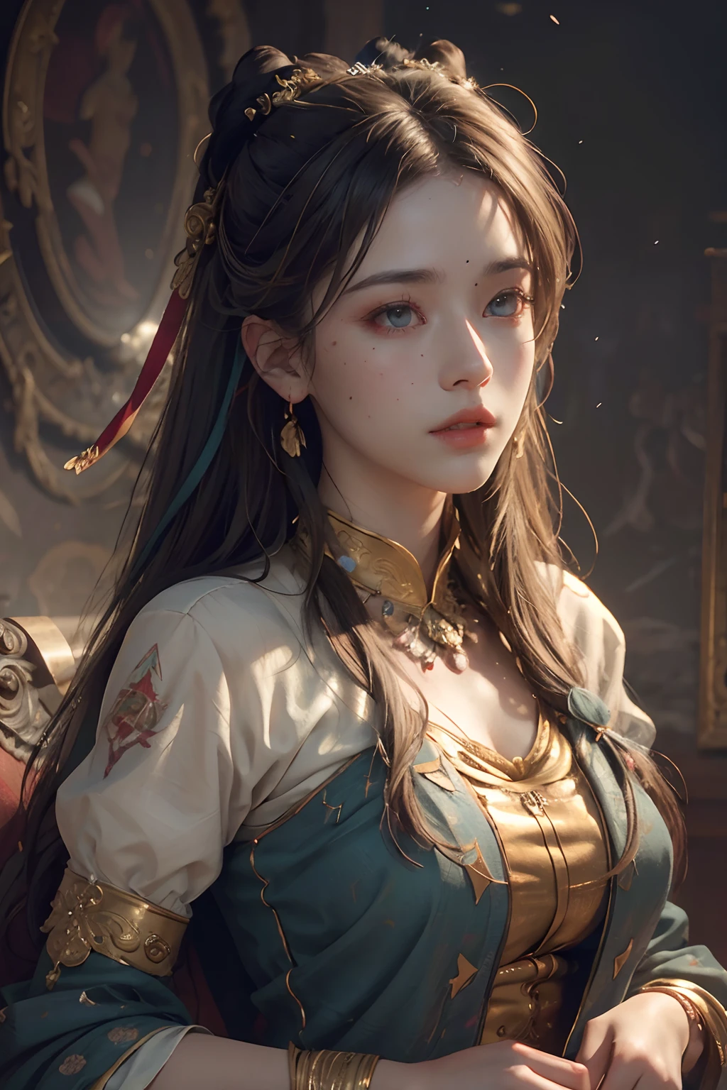 (RAW photo, best quality), (realistic, photo-realistic:1.3),best quality,highly detailed,masterpiece,ultra-detailed,illustration,1girl,upper_body,dynamic angle,world masterpiece theater,messy_long_hair,best quality,extremely detailed CG unity 8k wallpaper,ink,Amazing,cinematic lighting,lens_flare,,dunhuang_style