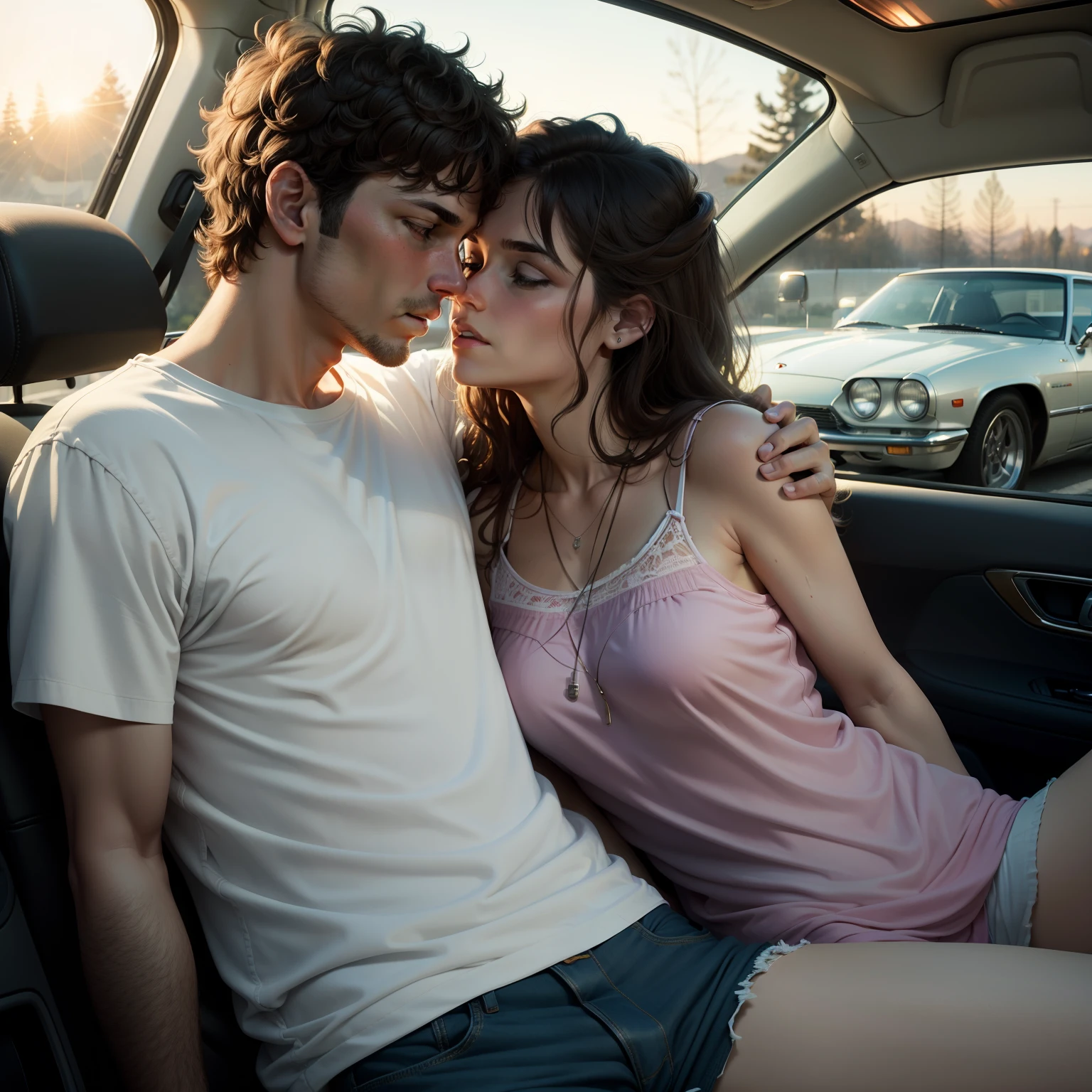 At night, the older brother wears summer clothes and drives and Lori wears cool clothes kissing in the car