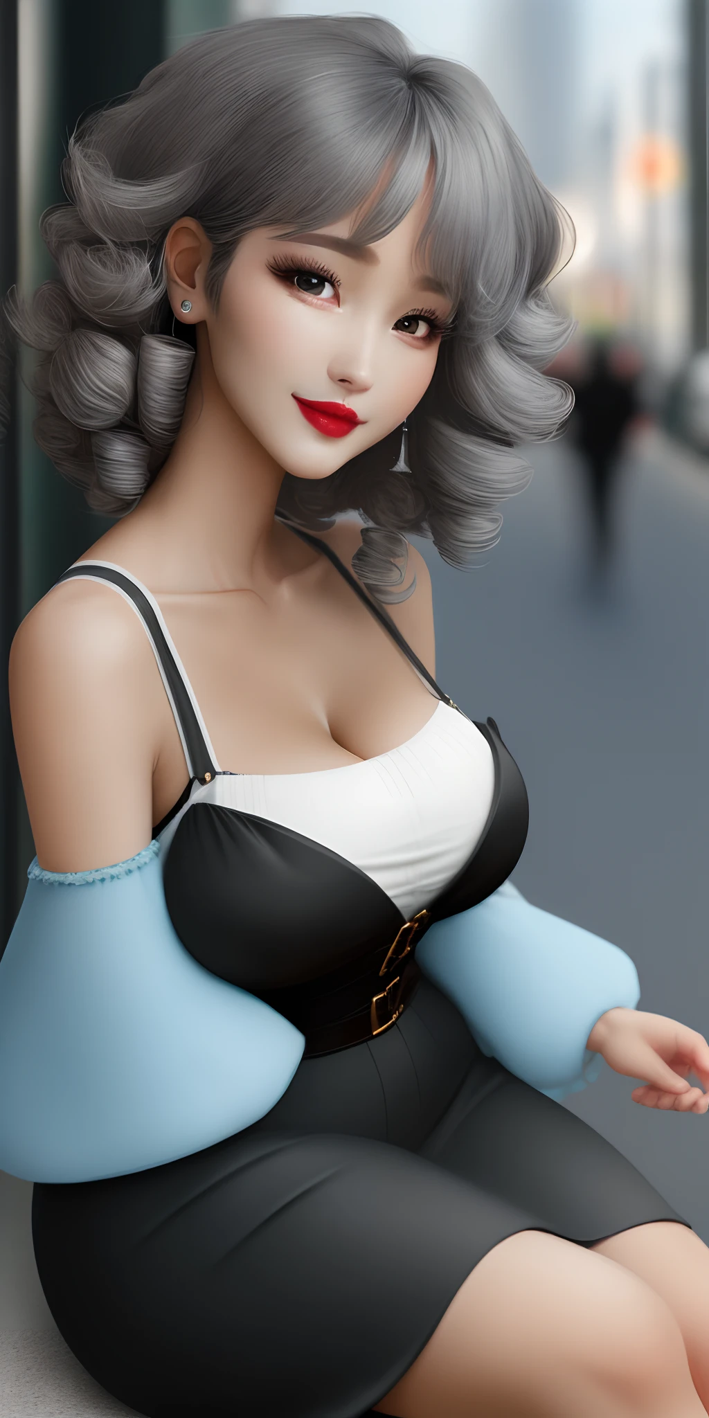 Very detailed CG unity 8k wallpaper，（tmasterpiece），（best qualtiy），（ultra - detailed），（Ultra photo realsisim），（best character detail：1.36），Nikon D750 f / 1.4 55mm，dynamic angle，profesional lighting，photon maping，Radio City, physically-based renderingt, exteriors, busy street, looking at viewert, Be red in the face, 1girl, a matural female, A MILF, Tall body, the golden ratio,(Kpop idol),(Oil skin:1.2 ((Curly gray hair and sophisticated style)),(aegyo sal:1),(puffy eye),(eyeslashes:1.1), (cparted lips:1.1),red lipsticks,broad shoulder,(middlebreast:1.1),(cleavage:1.1),beast ear,(big assa:1.2),upper legs,underdressing，underdressing，underdressing