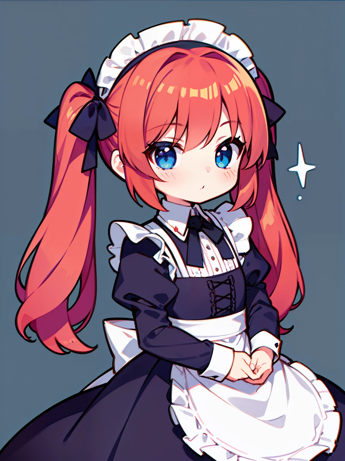 {{best quality}}, {{masterpiece}}, {{ultra-detailed}}, {illustration}, {detailed light}, red hair,blue eyes,twintails,maid, long hair, long sleeves, gothic, solo, loli,little girl,cute