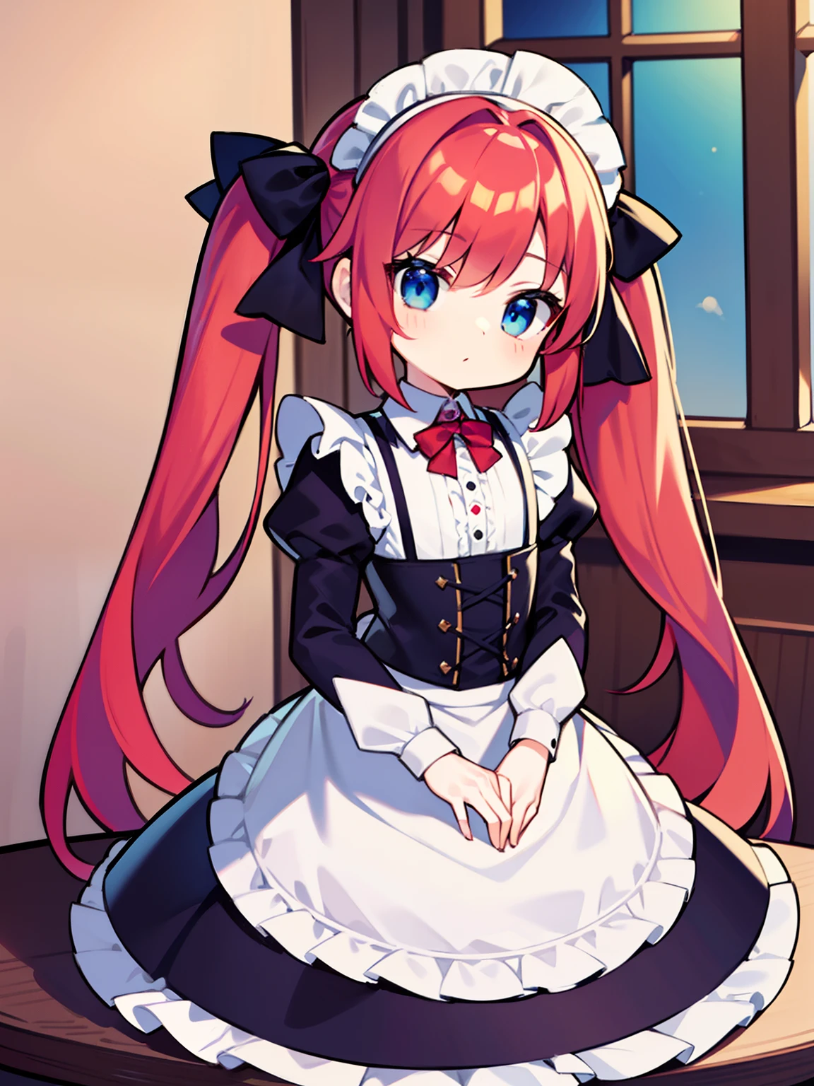 {{best quality}}, {{masterpiece}}, {{ultra-detailed}}, {illustration}, {detailed light}, red hair,blue eyes,twintails,maid, long hair, long sleeves, gothic, solo, ,little girl,cute
