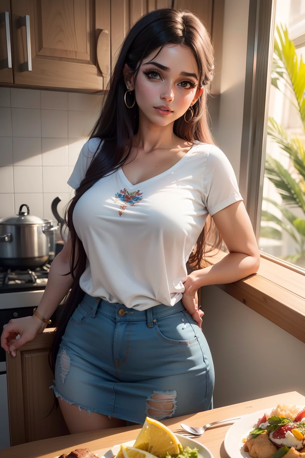 mulher bonita fazendo comida em uma cozinha de sai e blusa, vestida com saia e blusa fundo borrado (obra-prima) (8k high resolution) (melhor qualidade) (Ultra Definition) (Ultra realista)(Foto RAW) (Foto realista) (bright illumination)