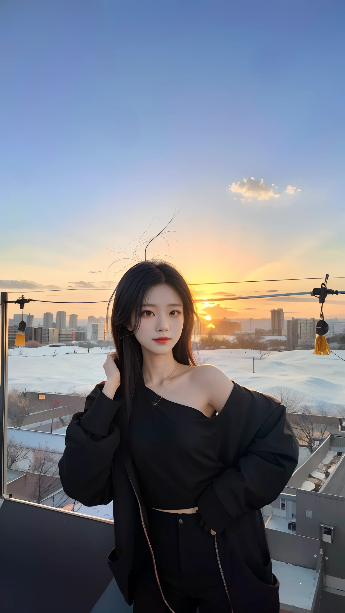An Arad woman in a black shirt and black pants stands on the roof, xintong chen, Korean girl, wenfei ye, ulzzangs, tzuyu from twice, Young Asian girl, inspired by Ma Yuanyu, Shin Jinying, A young Asian woman, young and cute girl, Jaeyeon nam with sunset, with a sunset, xision wu, at a beautiful sunset, wenfei ye, by Yang J, lulu chen, Album art, in the golden hour, Gemma Chen, xintong chen, at the sunset, Beautiful and aesthetic, shot at golden hour, ((Sunset)), Zhang Wanting