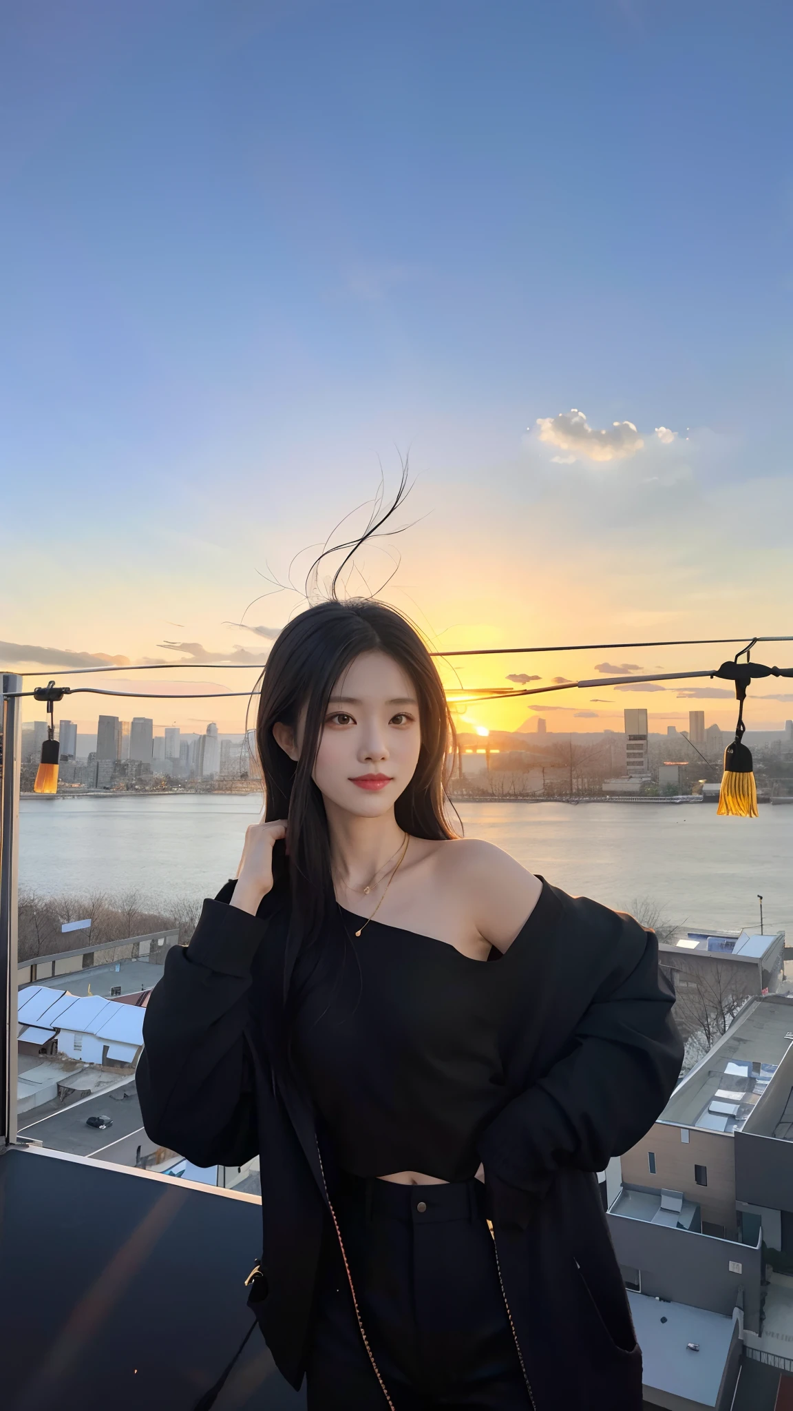 An Arad woman in a black shirt and black pants stands on the roof, Korean girls，With sunset, with a sunset, xision wu, at a beautiful sunset, wenfei ye, by Yang J, lulu chen, Album art, in the golden hour, Gemma Chen, xintong chen, at the sunset, Beautiful and aesthetic, shot at golden hour, ((Sunset)), Zhang Wanting