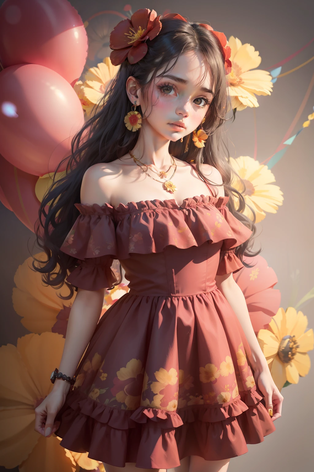 1girl,solo,jewelry,long hair,necklace,earrings,looking at viewer,cowboy shot,off shoulder,wavy hair,bare shoulders,grey eyes,lips,parted lips,skirt,frills,(red dress:1.3),colorful balloons,winnie the pooh,(flower background:1.5),