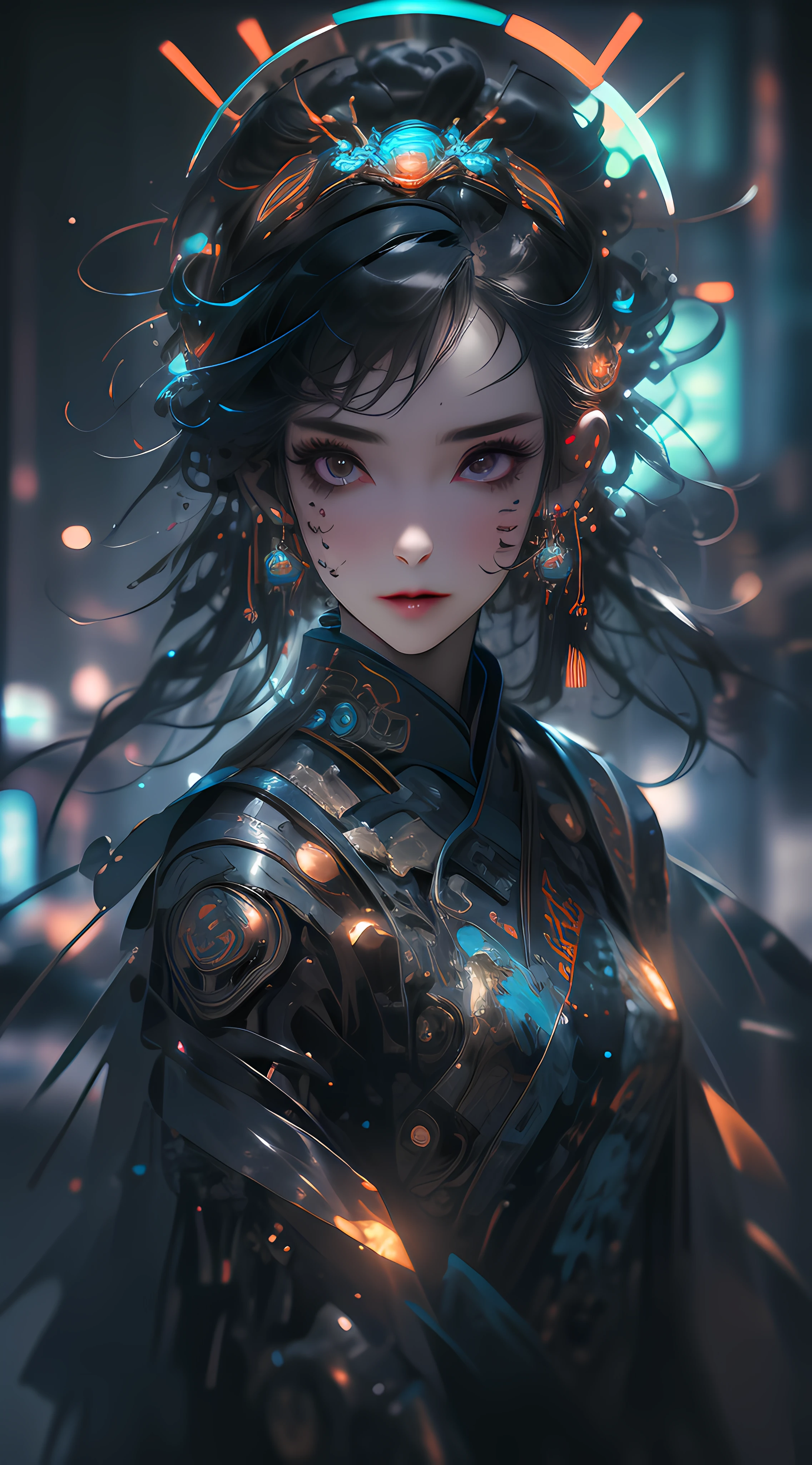 A beautiful girl, full body, clear facial features, amazing facial features, ancient Chinese costumes, Chinese cyberpunk, cyberpunk city headwear, hair accessories, super complex design, mechanical mecha, technology, stunning lighting, C4D, OC rendering, cinematic edge light, fine light, masterpiece, super detail, epic composition, ultra HD, high quality, 32k