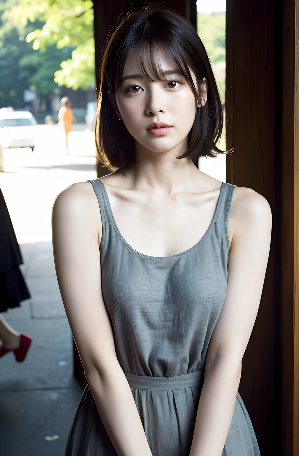 ((8K)、top-quality、masterpiece、超A high resolution:1.2)Photo Beautiful Japan woman(pleasing:1.1) Elegance、There is a good、Transparent atmosphere、Beautiful face、Gradient lighting、1girl in、Delicate skin、Look into the distance、Brown-eyed、(short hair with bangs:1.2)、(breasts are large:1.0)、(medium areola:0.8)、(realisitic:1.4)、(top-quality:1.0)、(超A high resolution:1.0)、8K、Raw photography、(masterpiece:0.2)、(pureerosface_v1:0.5)、Tank Top Dress、Tight、brown、Round Neck、Linen and cotton、Salopette、Thin shoulder straps、barechested、cotton clothes、no sleeves、Sleeveless、want me、Take your eyes off、Harajuku、Omotesando、Stylish cityscape、Street Trees、The morning sun is dazzling、subject、Lean、Look here、Ass big、Kinda chubby、Bangs shed to the side、big butts、neat and well-groomed hairstyle、Bring your chest together、Feels、Mouth slightly open、Brown clothes、Angle from the side、The upper body is facing this way、Ass big、
