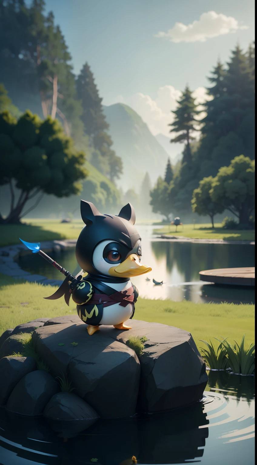reate a vibrant dark fantasy cute ninja duck in a clean-lined minimalistic cartoon style, in the background a pond with greenery all around on a fabulous evening, octane render, 8k