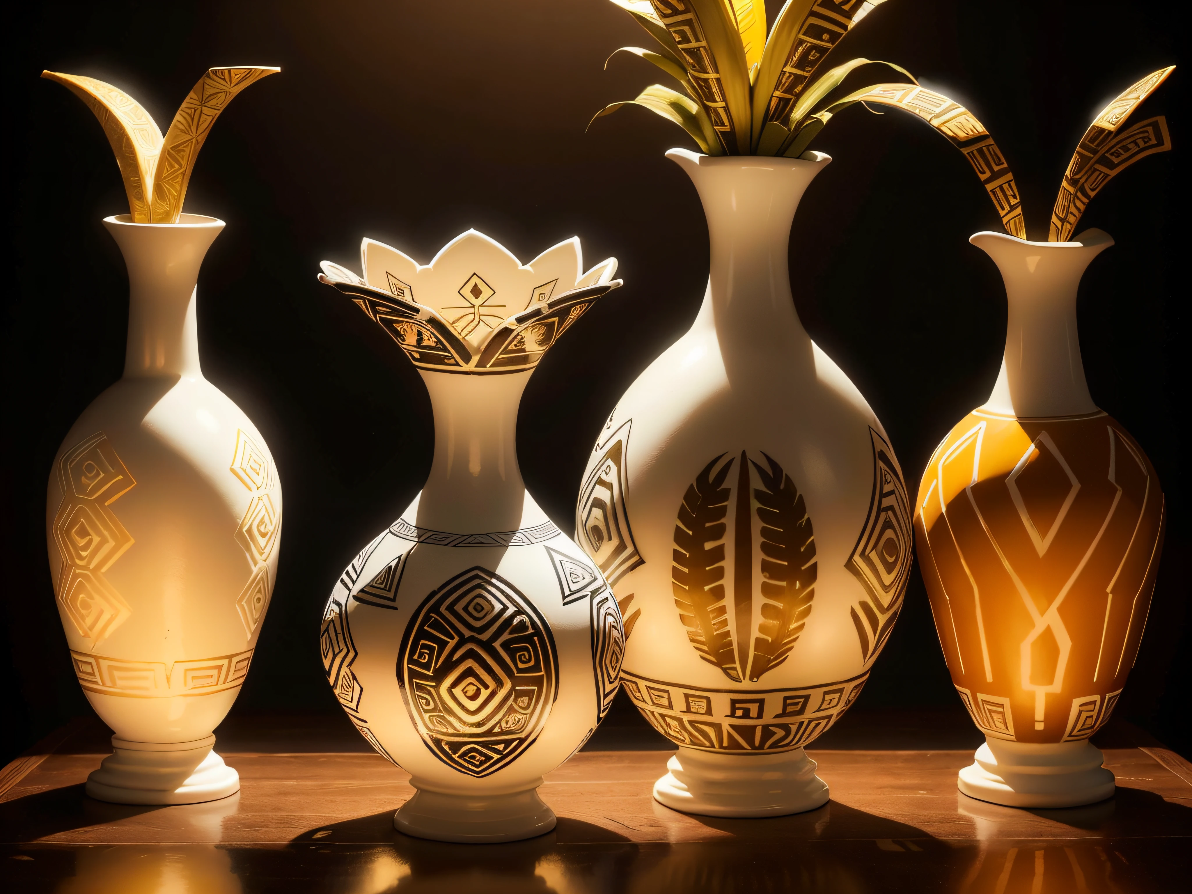 Unique vase, aesthetic, elegante, porcelana fina, blanco con ((adornos aztecas dorados)),  con roras rojas y amarillas hermosas, sobre fondo oscuro, foco nítido, with minimalist low lighting.