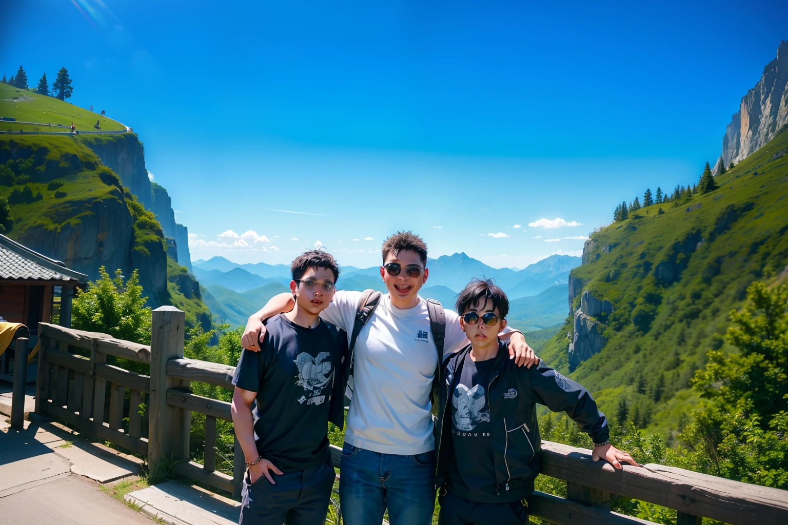 Chinese big breasts，Three boys stand on the bridge，Delicate facial features，Overlooking the mountains, vacation photo, with the mountains in the background, On a sunny day, beautiful fine sky, on deep forest peak, with the mountains in the background, mountain in background, with many travelers, In the mountains, moutain in background, facebook post, onthe mountain, onthe mountain, epic mountains in the background（（super detailing）），（（Very Masterpiece）），8K，（（Super best quality））