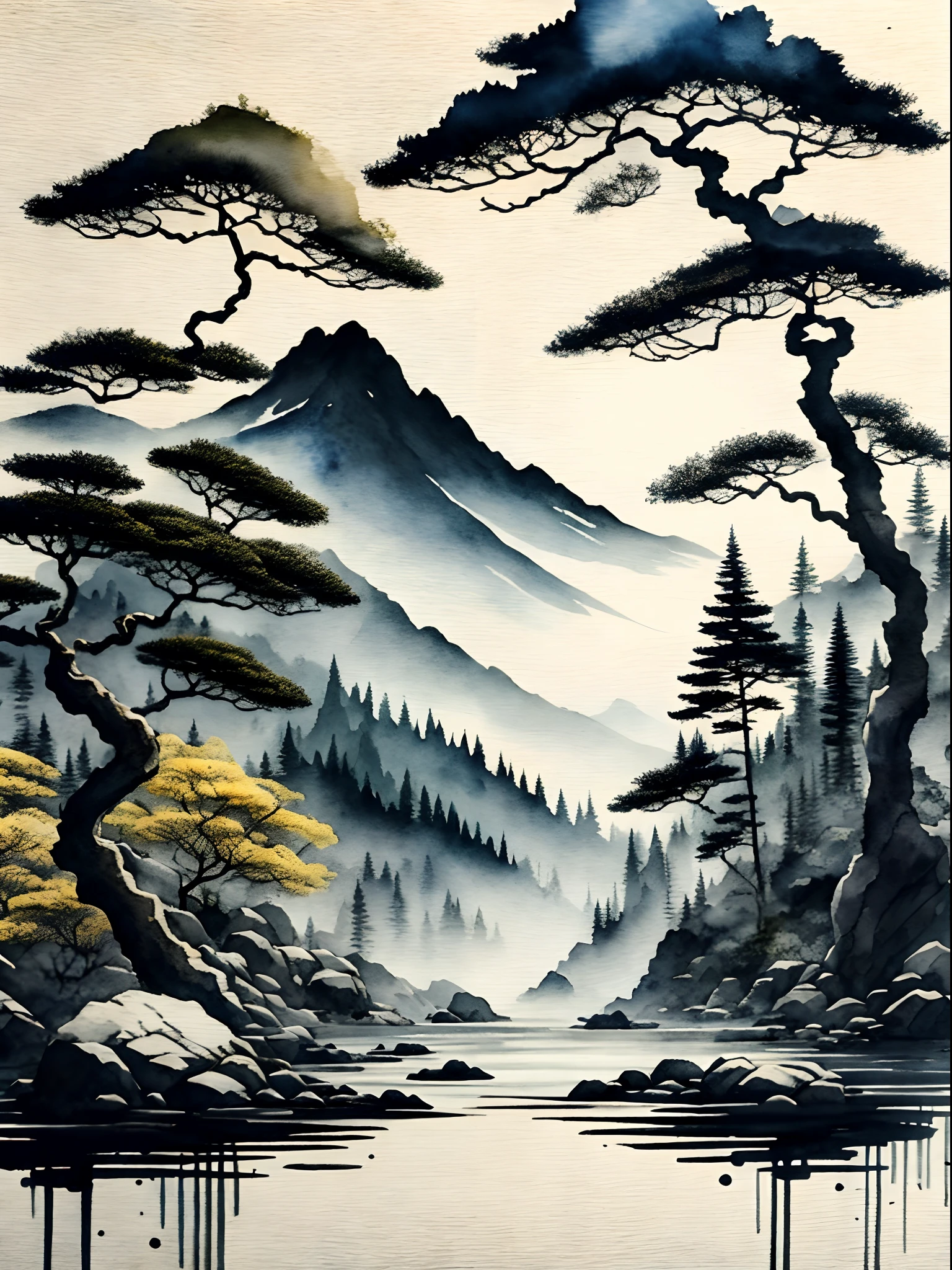 white backgrounid, scenecy, mont, Eau, the trees,ultra - detailed,ink and watercolor painting