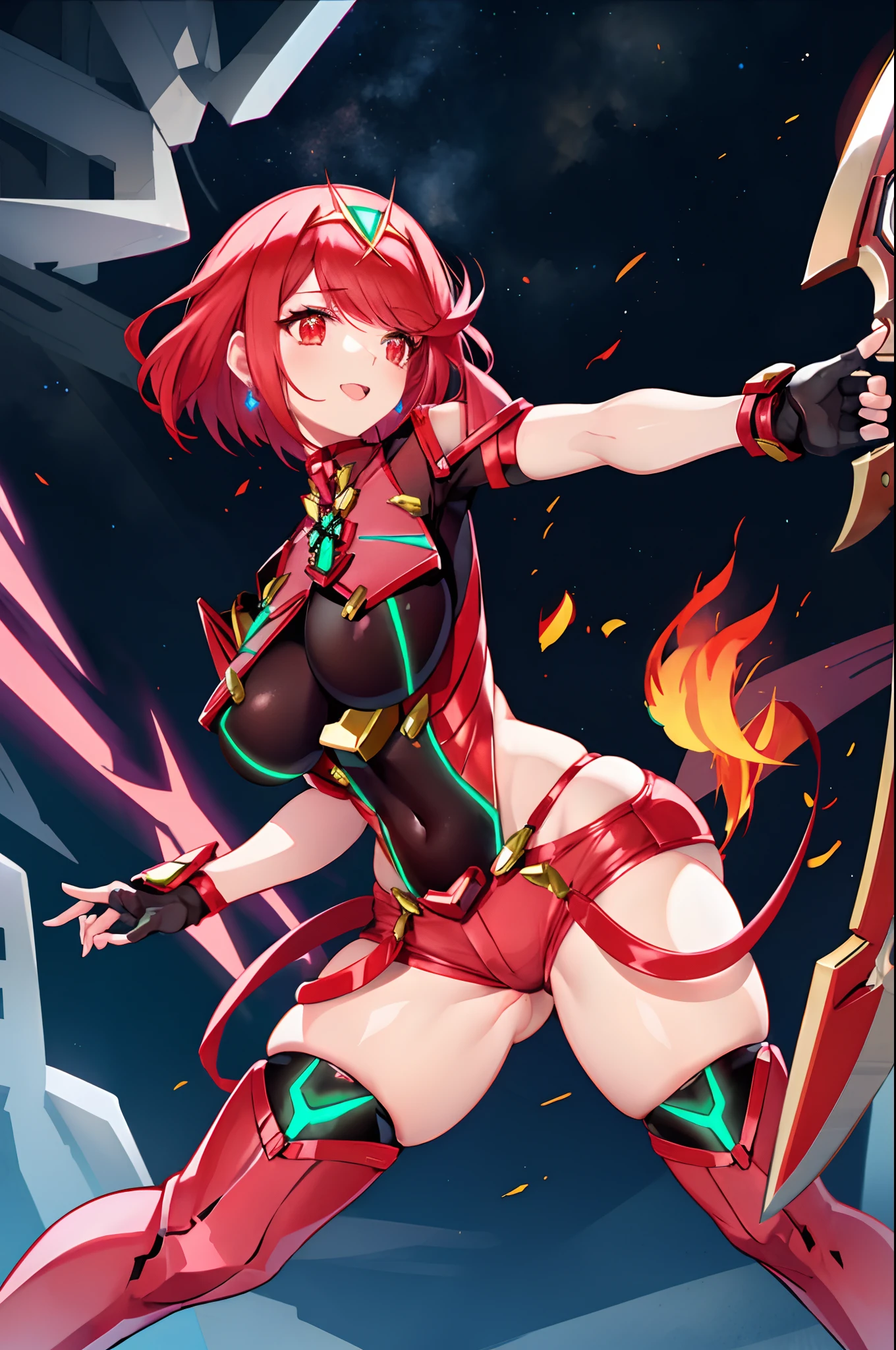 pyra \(xenoblade\), _1girl, armor, bangs, black gloves, breasts, red eyes, closed mouth, earrings, eyelashes, fingerless gloves, floating hair, framed breasts, gem, gloves, hair ornament, headpiece, jewelry, big_breasts, leaning back, leotard, neon trim, official art, pose, red hair, red shorts, saitou masatsugu, short hair, short shorts, short sleeves, shorts, sidelocks, skin tight, solo, standing, swept bangs, thighhighs, tiara, night_prairie_background, turtleneck, underbust, vambraces, xenoblade chronicles \(series\), (xenoblade chronicles 2), apart_legs, fire_effect,dynamic_pose,fighting,light_smile, (plump:1.1), big_ass,huge_sword, hold_large_sword_hilt, solo, covered_nipples, covered_pussy,open_mouth,back_view, fists,