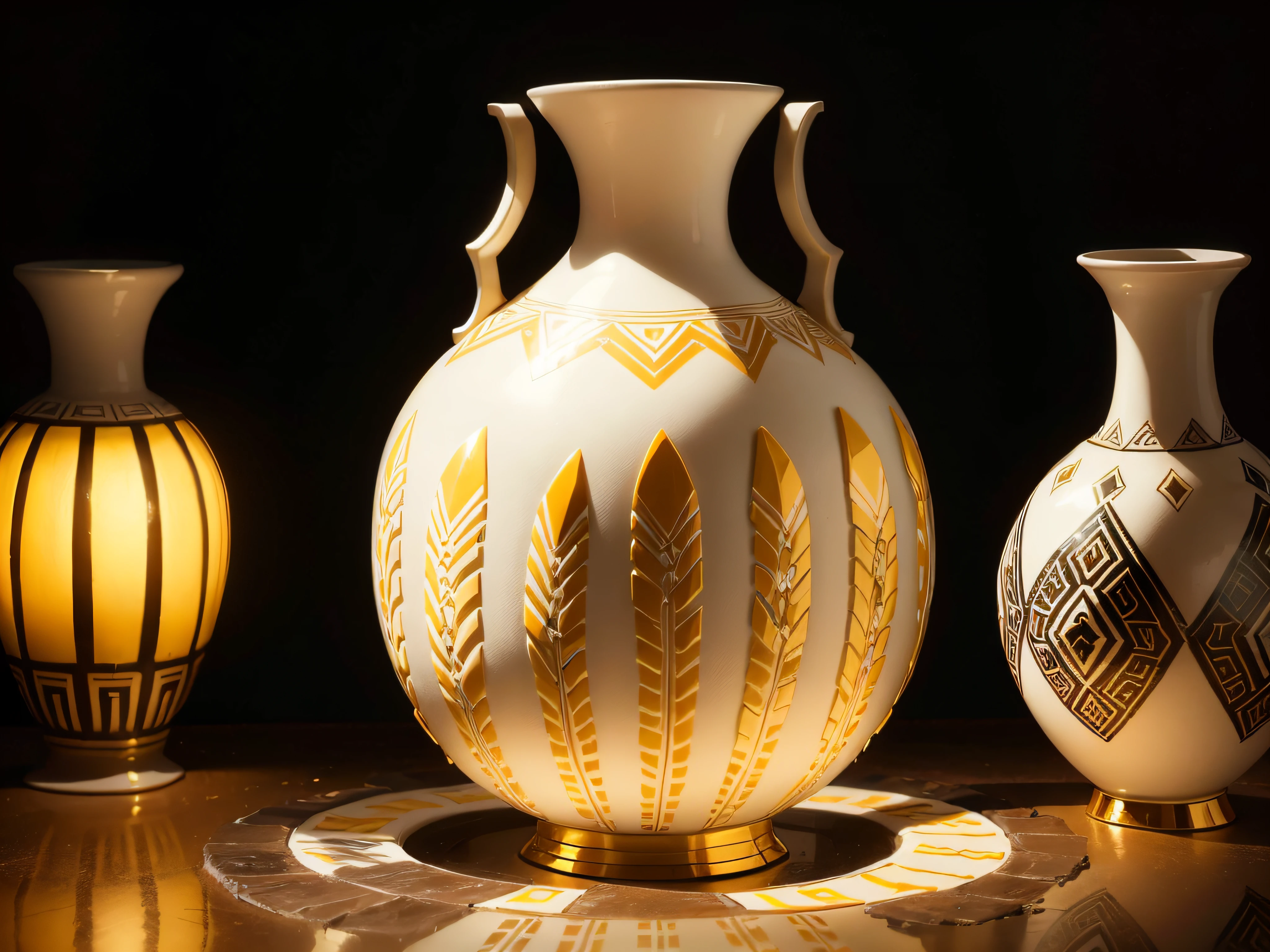 Unique vase, aesthetic, elegante, porcelana fina, blanco con ((adornos aztecas dorados)), con roras rojas y amarillas hermosas, sobre fondo oscuro, foco nítido, with minimalist low lighting.
