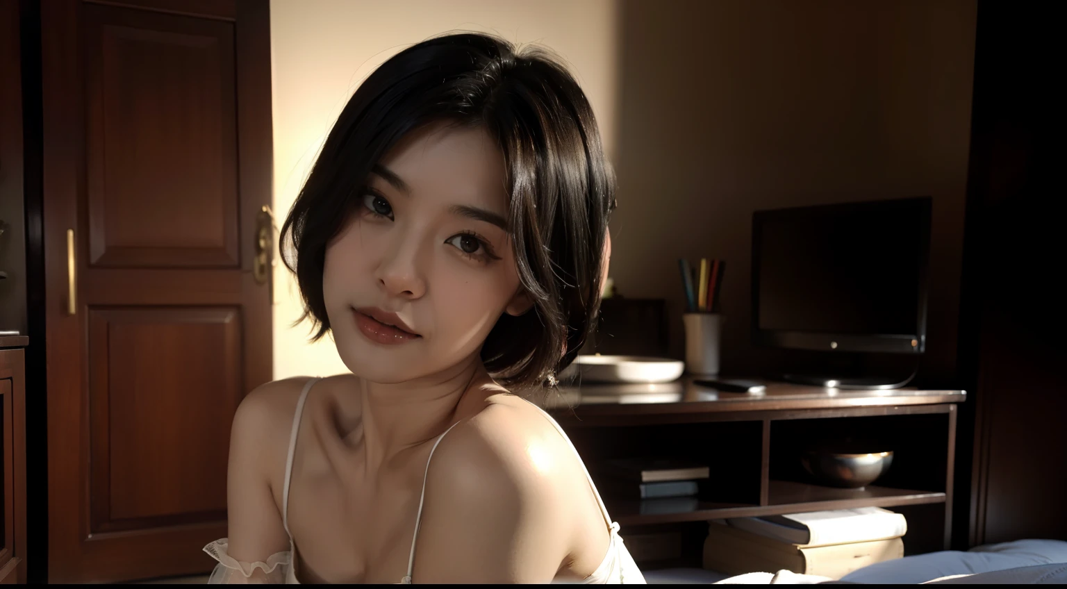 (Sexy cheongsam), ys，has cleavage, , , chies, closeup cleavage, Best quality, Masterpiece, Depth of field,Highest quality,Extremely detailed,A high resolution,4K,超A high resolution, (Photorealistic:1.4), (cow boy shot:1.2), Beautiful lighting,1girll,Solo,Realistic skin, Closed mouth, ((small beast, Narrow waist)), Short hair, Wavy hair, Black hair