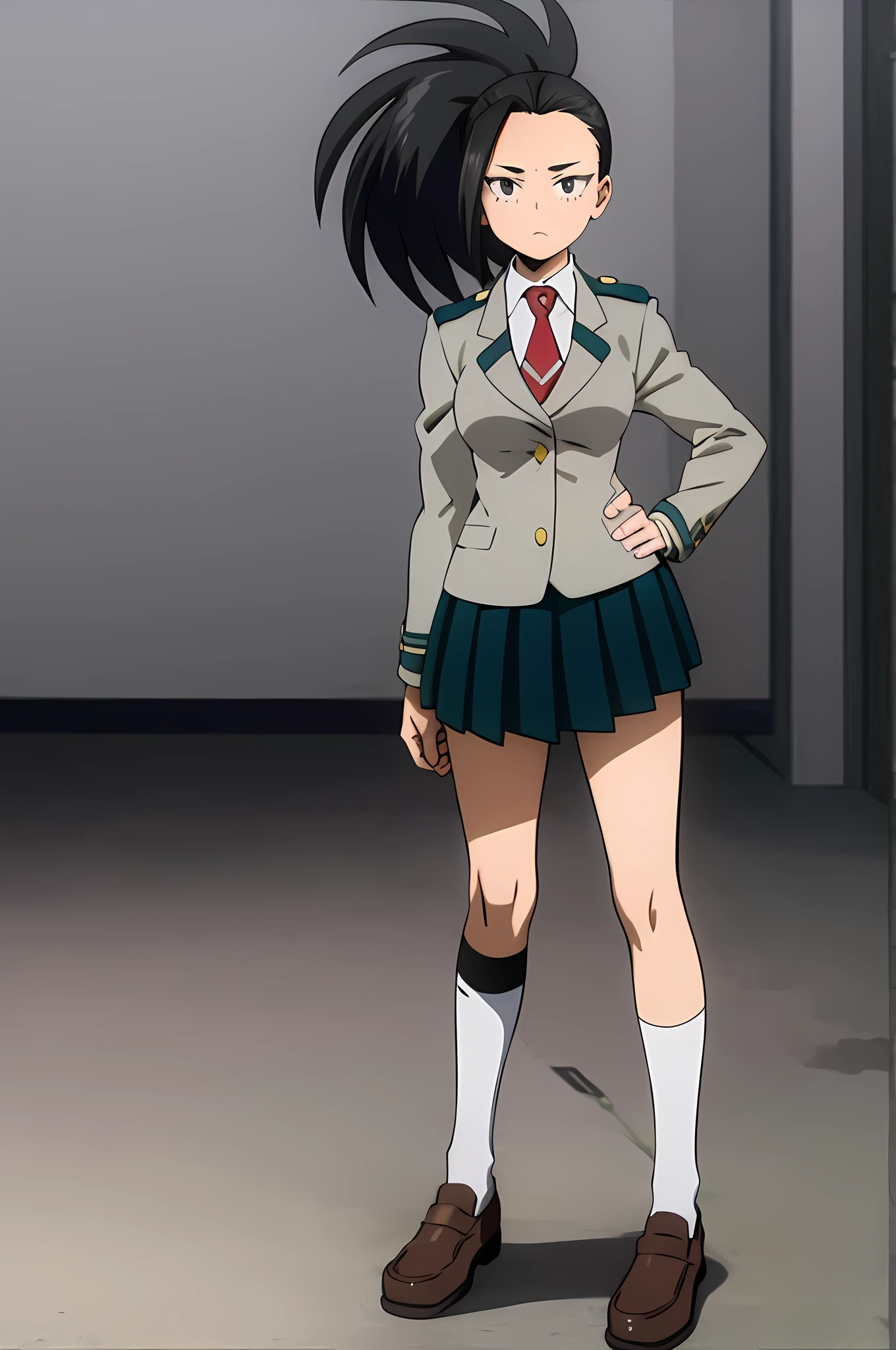 masterpiece, best quality, yaoyorozu momo, 1girl, black eyes, black hair,  ponytail, long hair, hair pulled back, full body, hands on hips, standing, short sleeves, solo, looking at viewer, u.a. school uniform, black socks, blazer, brown loafers, kneehighs, long sleeves, pleated green skirt, red necktie, school uniform, shirt, simple background