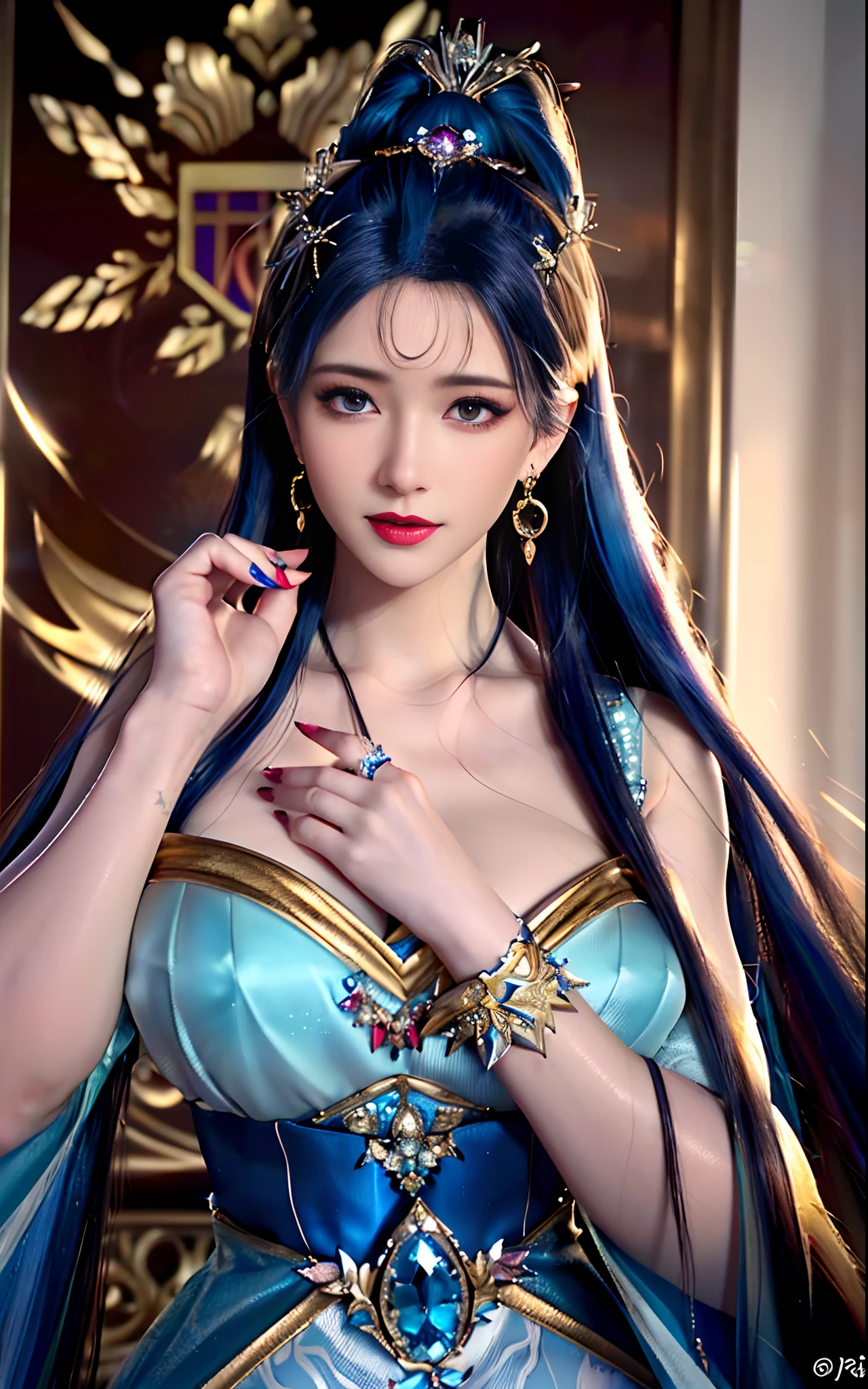 ((realisticity: 1.2)), ((realistic: 8K UHD)), ((best resolution: 8K UHD)), hyper detailed, best quality,masterpiece,highres,cg, ((1 girl hyper detailed and hyper realistic) ) , ((beautiful queen, hyper realistic and hyper detailed)),((white skin, beautiful, smooth, youthful, hyper realistic and hyper detailed )), ((Face hyper beautiful, white, hyper realistic and hyper detailed ) ), long hair, ((hyper realistic and hyper detailed dress)), solo, ((hyper realistic, hyper beautiful, beautiful and hyper detailed jewelry)), ((hyper beautiful deep red and golden yellow dress, hyper realistic and hyper detailed )) , ((Her pretty, hyper realistic, hyper detailed diamond filled earrings)), ((Her gorgeous diamond haircut, hyper realistic and hyper detailed)), ((hyper pretty upper body, hyper beautiful, hyper realistic and hyper detailed) ), ((medium breast: 1.5)), ((hyper realistic, hyper pretty, hyper detailed boobs)), ((the backgroun of the royal palace is hyper majestic, hyper realistic and hyper detailed)),((hands and palms hyper beautiful, hyper detailed, hyper realistic)), ((hyper pretty, hyper pretty, hyper realistic and hyper detailed hair bun)), ((hyper pretty , hyper realistic and hyper detailed blue hair)), candid, Photo, high resolution, 8k , bokeh,