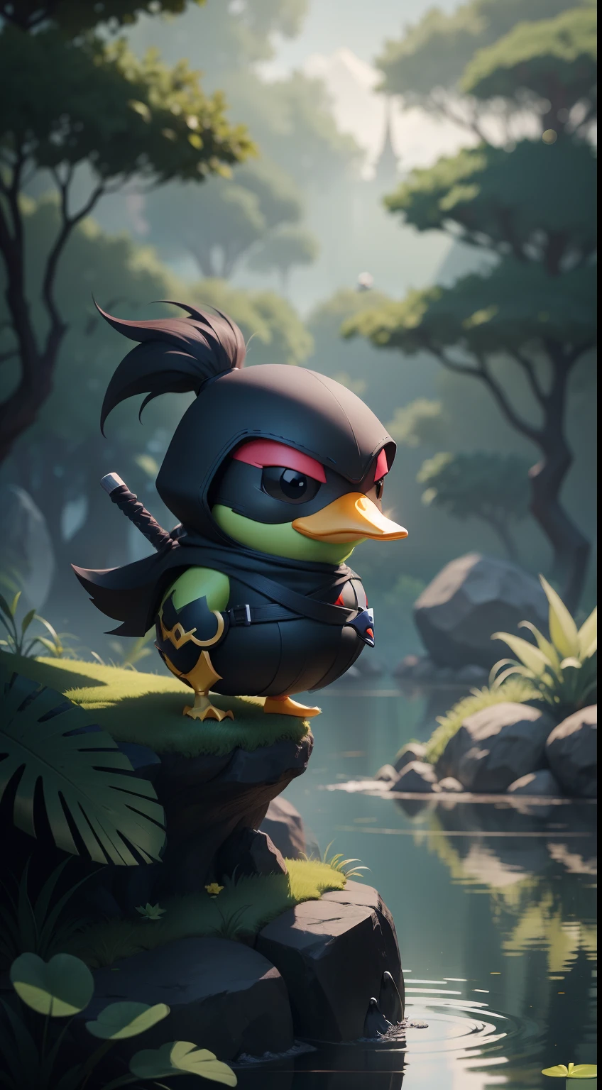 reate a vibrant dark fantasy cute ninja duck in a clean-lined minimalistic cartoon style, in the background a pond with greenery all around on a fabulous evening, octane render, 8k