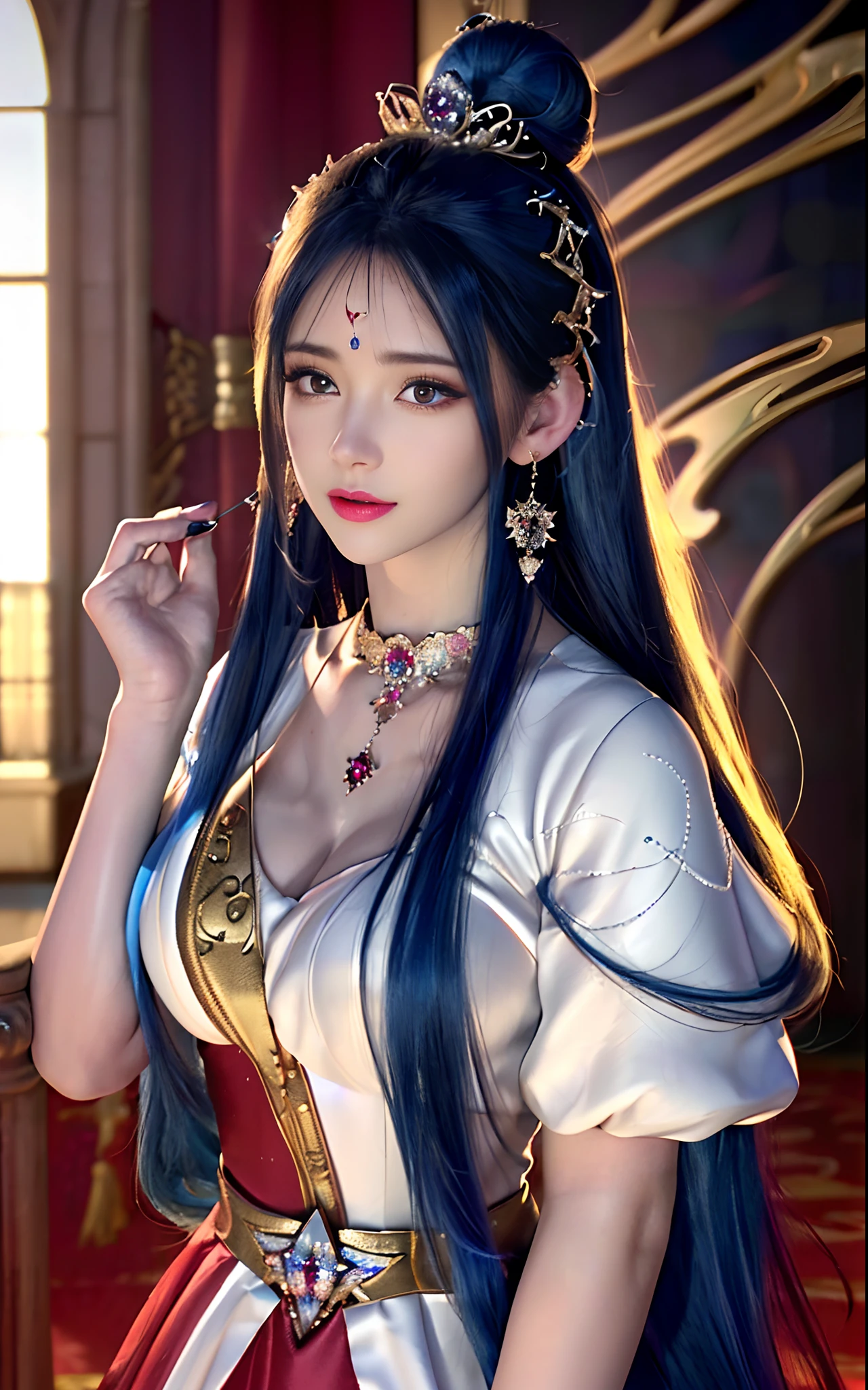 ((realisticity: 1.2)), ((realistic: 8K UHD)), ((best resolution: 8K UHD)), hyper detailed, best quality,masterpiece,highres,cg, ((1 girl hyper detailed and hyper realistic) ) , ((beautiful queen, hyper realistic and hyper detailed)),((white skin, beautiful, smooth, youthful, hyper realistic and hyper detailed )), ((Face hyper beautiful, white, hyper realistic and hyper detailed ) ), long hair, ((hyper realistic and hyper detailed dress)), solo, ((hyper realistic, hyper beautiful, beautiful and hyper detailed jewelry)), ((hyper beautiful deep red and golden yellow dress, hyper realistic and hyper detailed )) , ((Her pretty, hyper realistic, hyper detailed diamond filled earrings)), ((Her gorgeous diamond haircut, hyper realistic and hyper detailed)), ((hyper pretty upper body, hyper beautiful, hyper realistic and hyper detailed) ), ((medium breast: 1.5)), ((hyper realistic, hyper pretty, hyper detailed boobs)), ((the backgroun of the royal palace is hyper majestic, hyper realistic and hyper detailed)),((hands and palms hyper beautiful, hyper detailed, hyper realistic)), ((hyper pretty, hyper pretty, hyper realistic and hyper detailed hair bun)), ((hyper pretty , hyper realistic and hyper detailed blue hair)), candid, Photo, high resolution, 8k , bokeh,