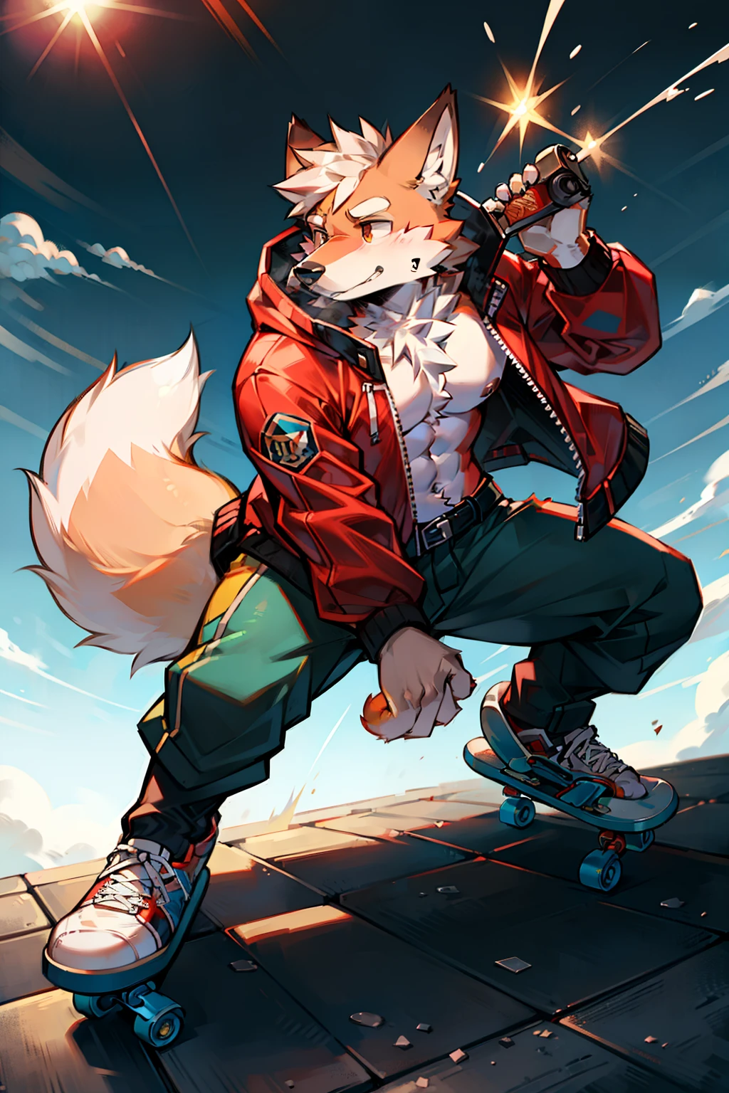 solo person，shaggy male，hairy chest，red fox，red fox，White fox，canid，Bullied，adolable，Handsome，large tail，full bodyesbian，stretched action，Storm jacket，skateboards
