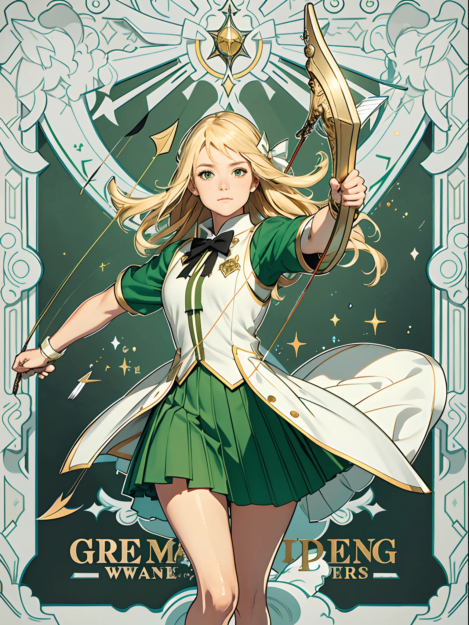 Woman with bow and arrow  , archers ,a short skirt ,a blond  , The long-haired , Green clothing , soldier , ​masterpiece, top-quality, 8K, detailed skin textures, Detailed Cloth Texture, beautifull detailed face, intricate detailes, ultra-detailliert, The upper part of the body、, light Particle, borgar, Intense sunlight,Effect of twinkling aerial light