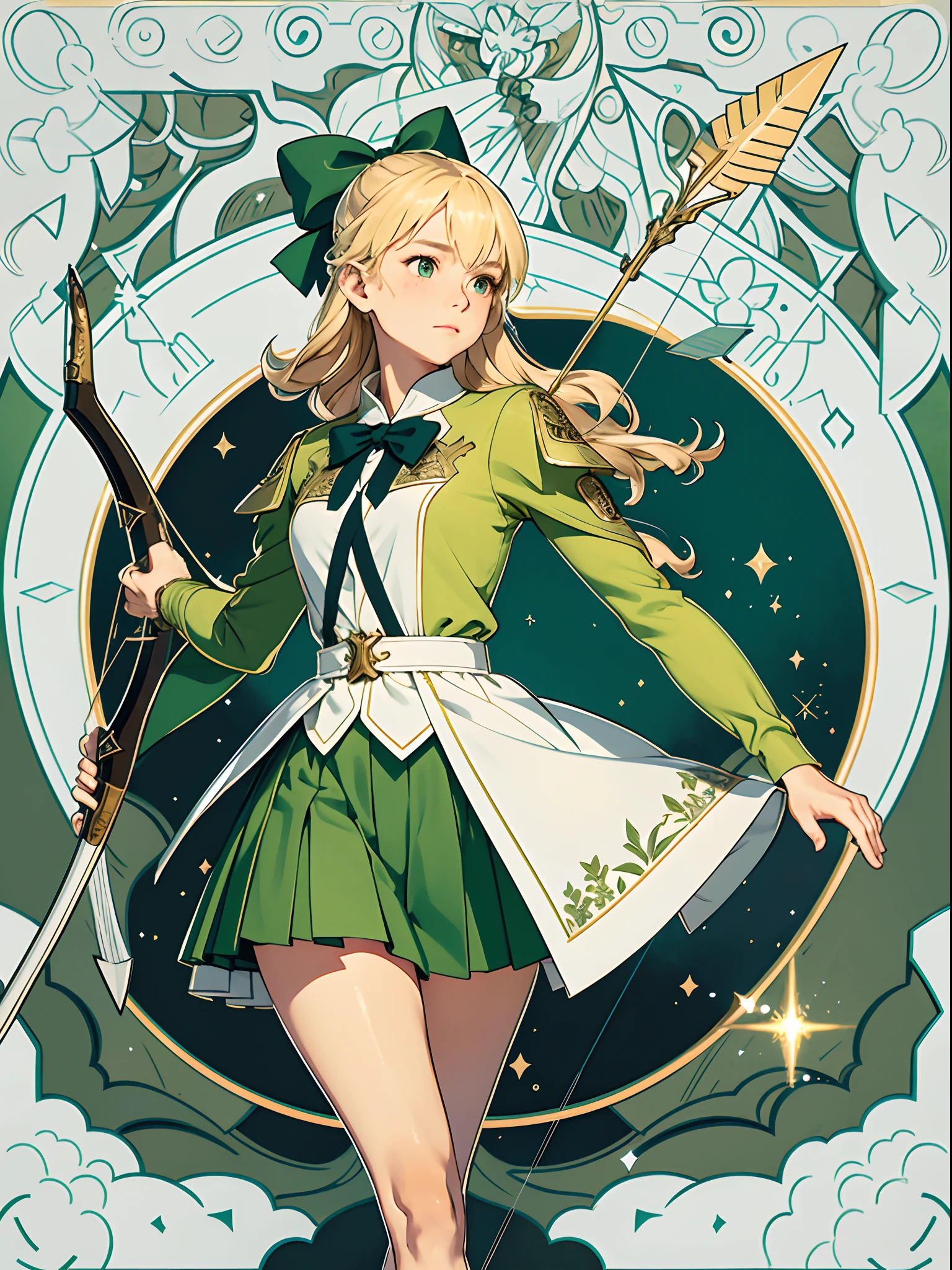 Woman with bow and arrow , archers ,a short skirt ,a blond , The long-haired , Green clothing , soldier , masterpiece, top-quality, 8K, detailed skin textures, Detailed Cloth Texture, beautifull detailed face, intricate detailes, ultra-detailliert, The upper part of the body、, light Particle, borgar, Intense sunlight,Effect of twinkling aerial light