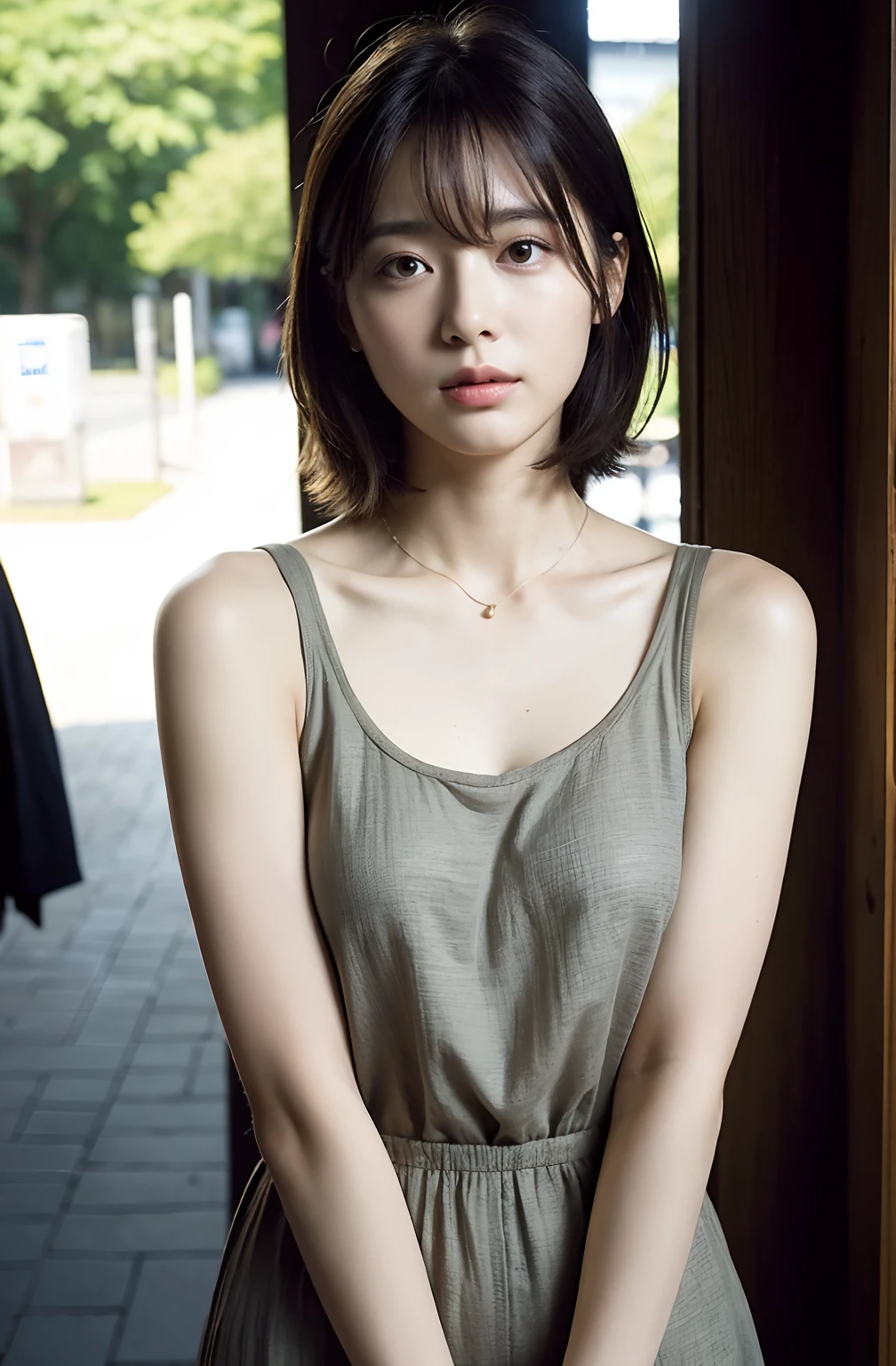 ((8K)、top-quality、​masterpiece、超A high resolution:1.2)Photo Beautiful Japan woman(pleasing:1.1) Elegance、There is a good、Transparent atmosphere、Beautiful face、Gradient lighting、1girl in、Delicate skin、Look into the distance、Brown-eyed、(short hair with bangs:1.2)、(breasts are large:1.0)、(medium areola:0.8)、(realisitic:1.4)、(top-quality:1.0)、(超A high resolution:1.0)、8K、Raw photography、(​masterpiece:0.2)、(pureerosface_v1:0.5)、Tank top dress、Tight、brown、Round Neck、Linen and cotton、Salopette、Thin shoulder straps、barechested、cotton clothes、no sleeves、Sleeveless、want me、Take your eyes off、Harajuku、Omotesando、Stylish cityscape、Street Trees、The morning sun is dazzling、subject、Lean、Look here、Ass big、a large bust、Kinda chubby、Bangs shed to the side、big butts、neat and well-groomed hairstyle、Bring your chest together、Feels、Mouth slightly open、Brown clothes、Angle from the side、a necklace、The upper body is facing this way、Ass big、
