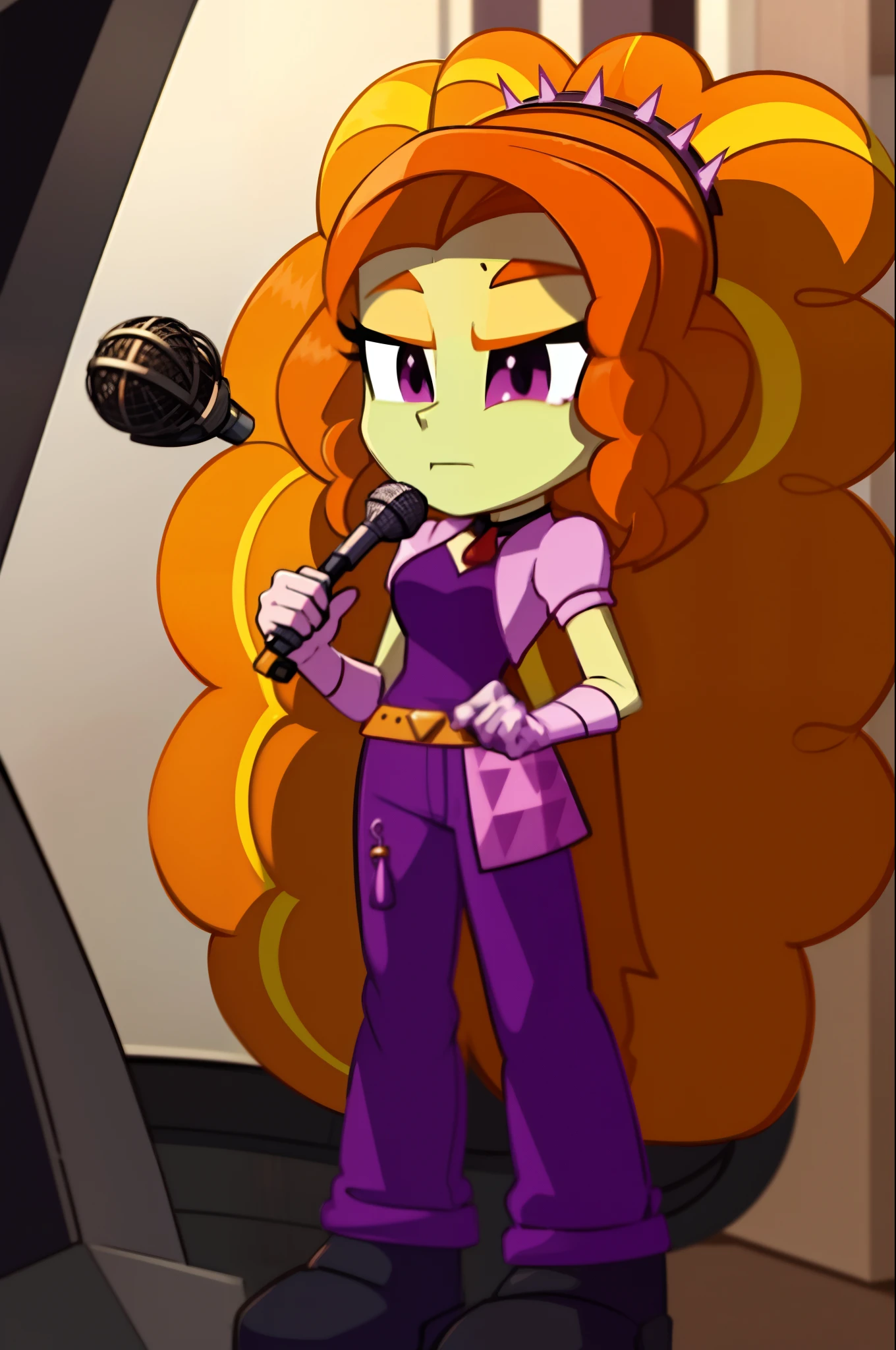 "Create a masterpiece featuring Adagio Dazzle, confidently holding a microphone, standing near powerful speakers, with a single female figure performing a solo."