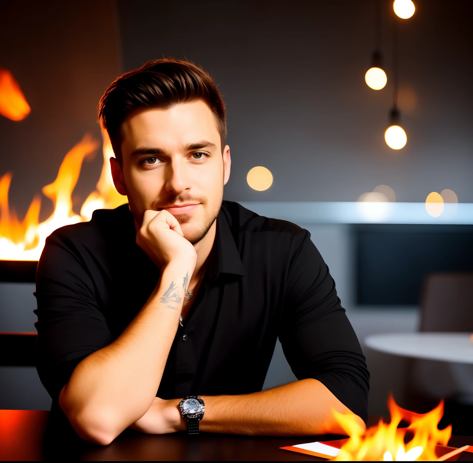 a close up of a man in a black shirt sitting at a table, youtube video, sitting , liam brazier and nielly, holding it out to the camera, inspired by John Luke, youtuber, the background is on fire, tiktok video, by Jacob Pynas,