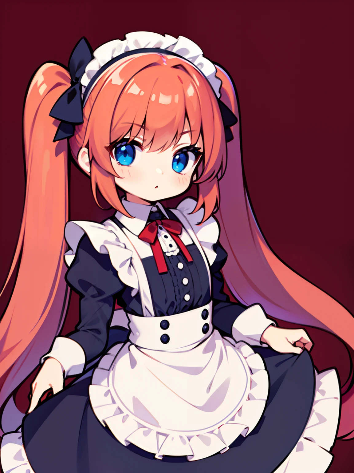 {{best quality}}, {{masterpiece}}, {{ultra-detailed}}, {illustration}, {detailed light}, red hair,blue eyes,twintails,maid, long hair, long sleeves, gothic, solo, loli,little girl,cute