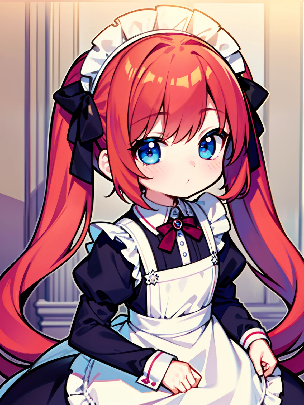 {{best quality}}, {{masterpiece}}, {{ultra-detailed}}, {illustration}, {detailed light}, red hair,blue eyes,twintails,maid, long hair, long sleeves, gothic, solo, loli,little girl,cute