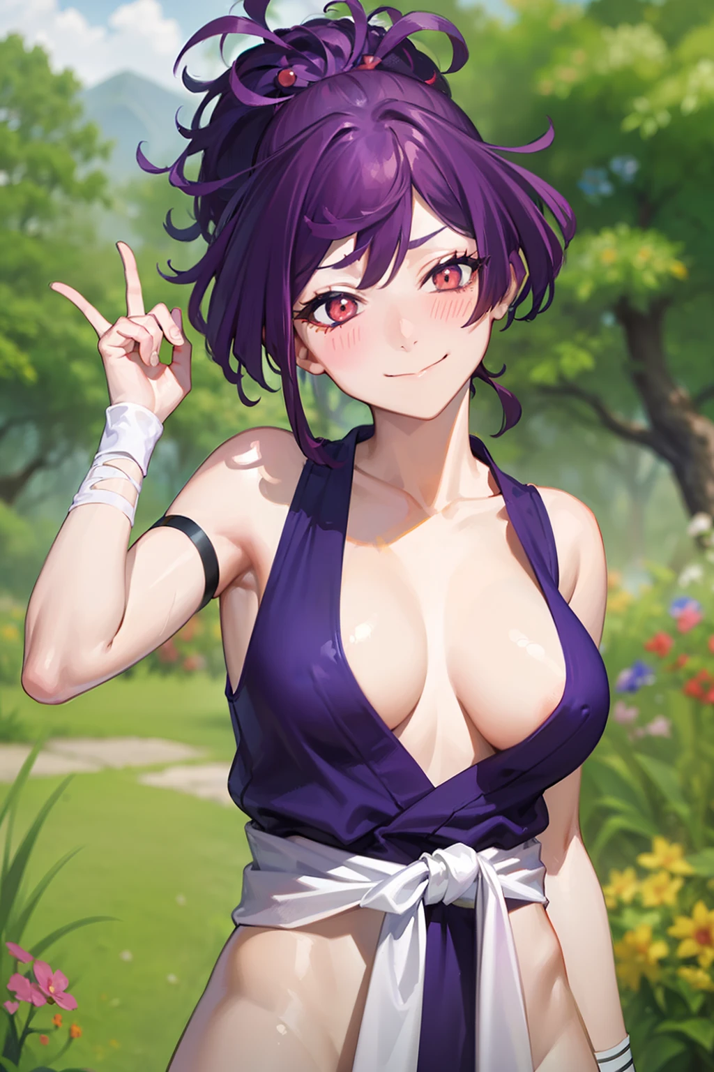 (best quality:1.1), (masterpiece:1.2), portrait, 1girl, yuzuriha_(jigokuraku), purple hair, brown eyes, ninja, open clothes, cleavage, small breasts, topknot, medium hair, breasts apart, white obi, smirk, outdoors, (blush:1.1), flowers (NSFW 1.5)