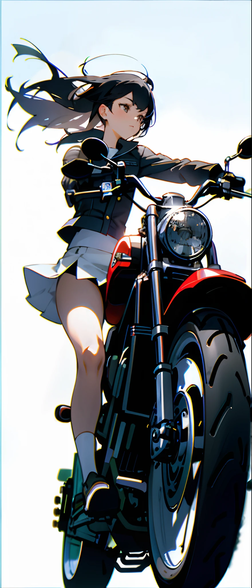 1 girl with short skirt,looks away,white panties,first-person view,girl riding a motorcycle,