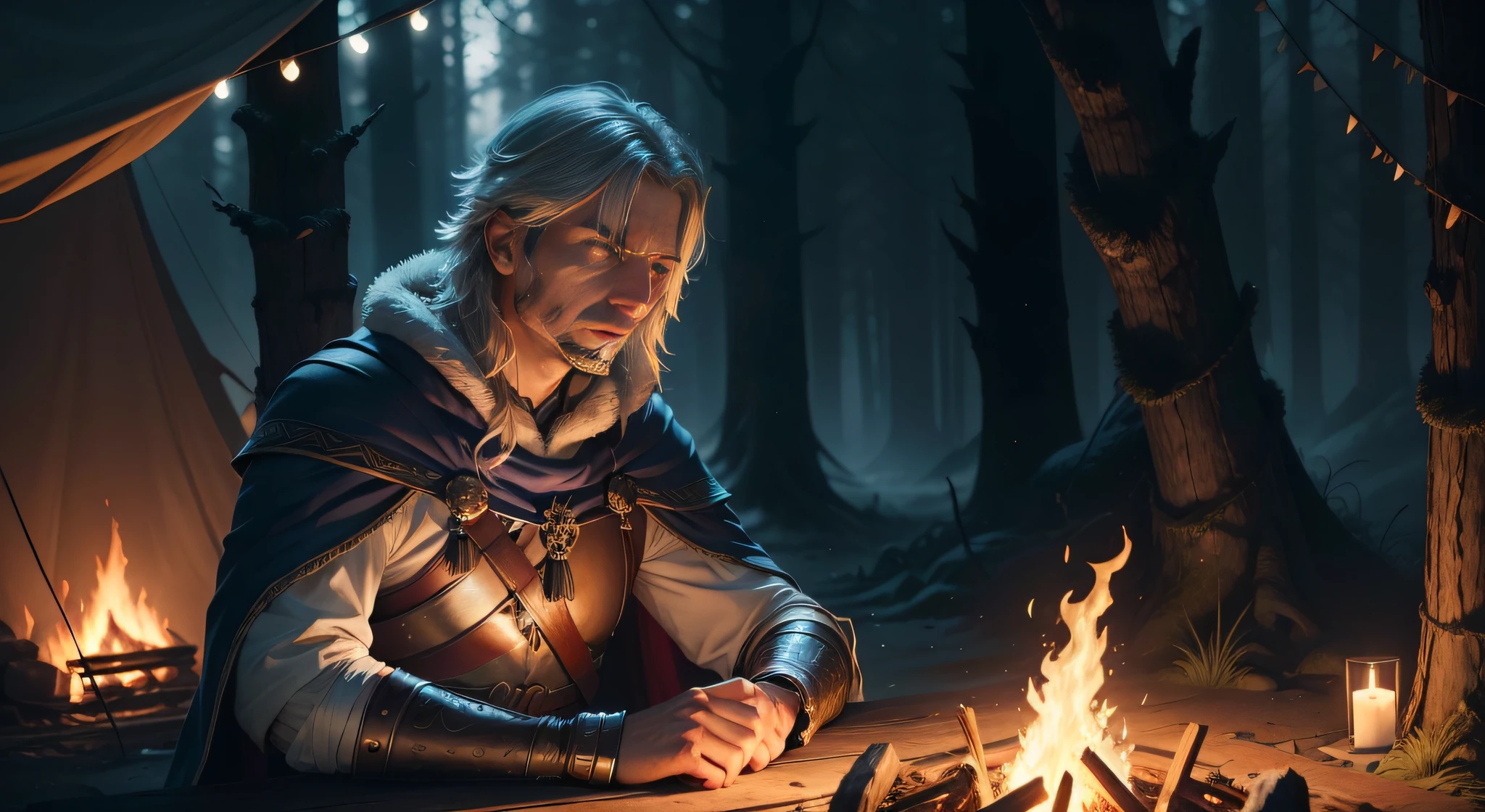 Create an epic scene of a legendary warrior against the backdrop of a medieval fantasy. He's resting next to the crackling flame of a campfire in his camp in the dark forest. The cape he wears is a vivid royal blue and his facial features, despite the tiredness, transmitem serenidade. His sword is positioned at his side, e o capacete ornamentado repousa ao lado dele, in an attitude of momentary pause. The darkness of the night adds a magical and enigmatic touch to the scene