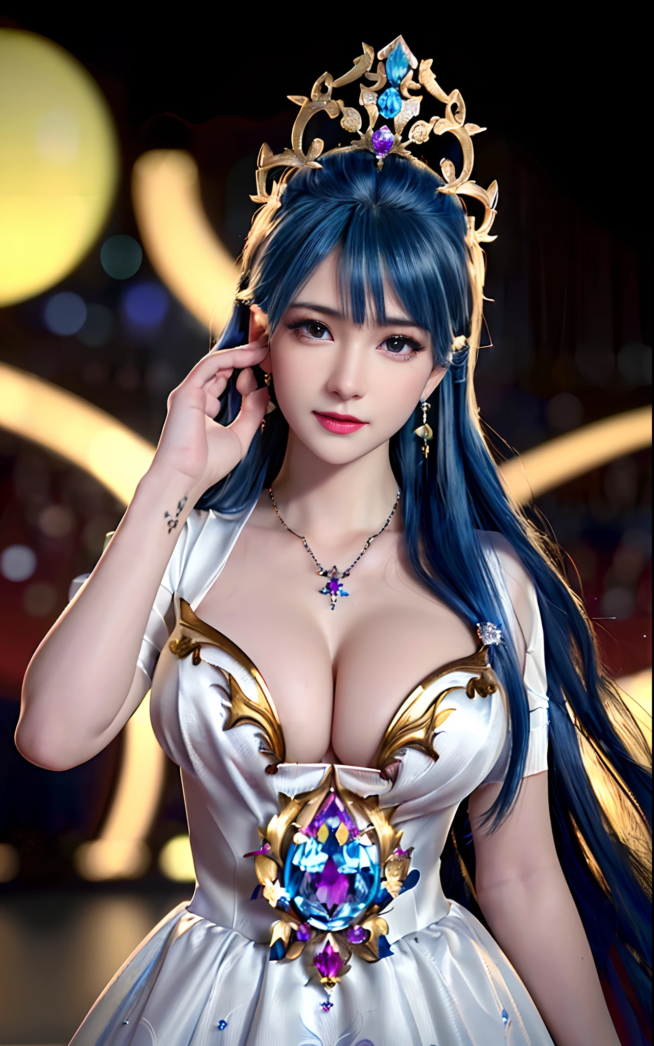 ((realisticity: 1.2)), ((realistic: 8K UHD)), ((best resolution: 8K UHD)), hyper detailed, best quality,masterpiece,highres,cg, ((1 girl hyper detailed and hyper realistic) ) , ((beautiful queen, hyper realistic and hyper detailed)),((white skin, beautiful, smooth, youthful, hyper realistic and hyper detailed )), ((Face hyper beautiful, white, hyper realistic and hyper detailed ) ), long hair, ((hyper realistic and hyper detailed dress)), solo, ((hyper realistic, hyper beautiful, beautiful and hyper detailed jewelry)), ((hyper beautiful deep red and golden yellow dress, hyper realistic and hyper detailed )) , ((Her pretty, hyper realistic, hyper detailed diamond filled earrings)), ((Her gorgeous diamond haircut, hyper realistic and hyper detailed)), ((hyper pretty upper body, hyper beautiful, hyper realistic and hyper detailed) ), ((medium breast: 1.5)), ((hyper realistic, hyper pretty, hyper detailed boobs)),   ((the backgroun of the royal palace is hyper majestic, hyper realistic and hyper detailed)),((hands and palms hyper beautiful, hyper detailed, hyper realistic)), ((hyper pretty, hyper pretty, hyper realistic and hyper detailed hair bun)), ((hyper pretty , hyper realistic and hyper detailed blue hair)), candid, Photo, high resolution, 8k , bokeh,