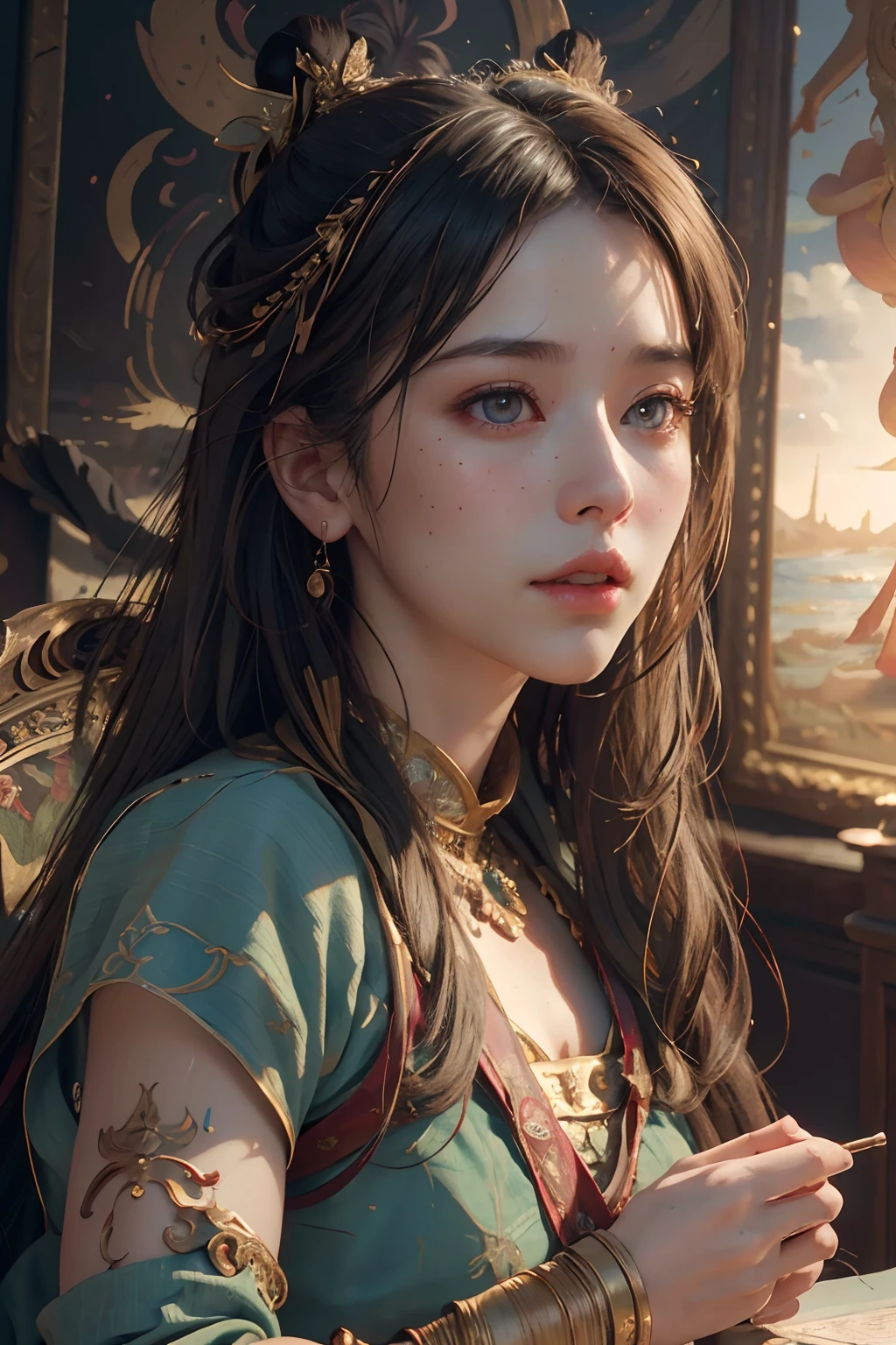 (RAW photo, best quality), (realistic, photo-realistic:1.3),best quality,highly detailed,masterpiece,ultra-detailed,illustration,1girl,upper_body,dynamic angle,world masterpiece theater,messy_long_hair,best quality,extremely detailed CG unity 8k wallpaper,ink,Amazing,cinematic lighting,lens_flare,,dunhuang_style