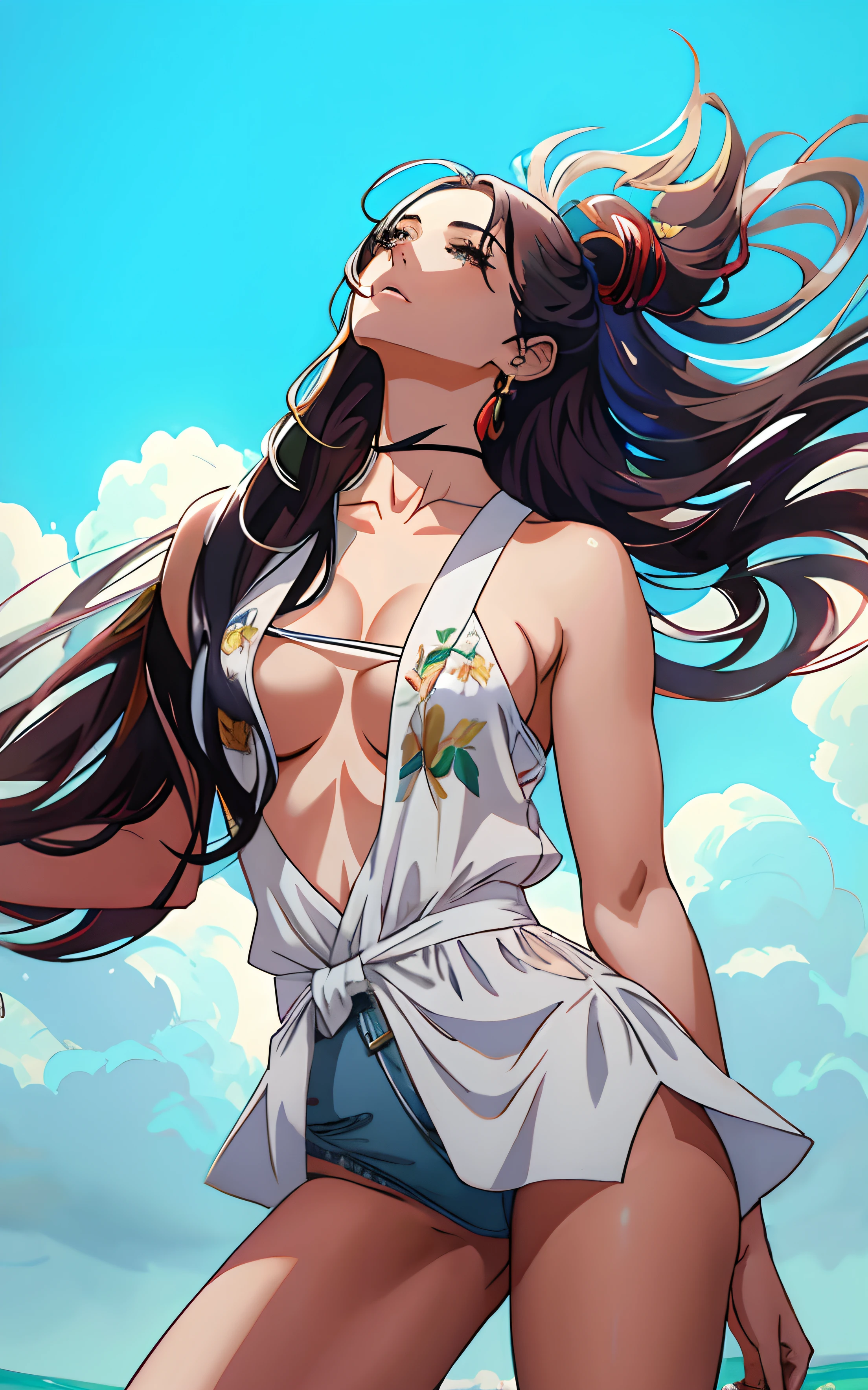 A woman with long hair is standing in the air, Hermoso y hermoso arte digital, chica de pelo largo, Anime CG arte suave, Arte digital del anime, Arte digital de anime avanzado, Arte de anime digital, cabello suelto, gorgeous digital painting, Artgerm. High detail, Hermosa obra de arte digital, Hermoso arte digital, Artgerm. Anime illustration