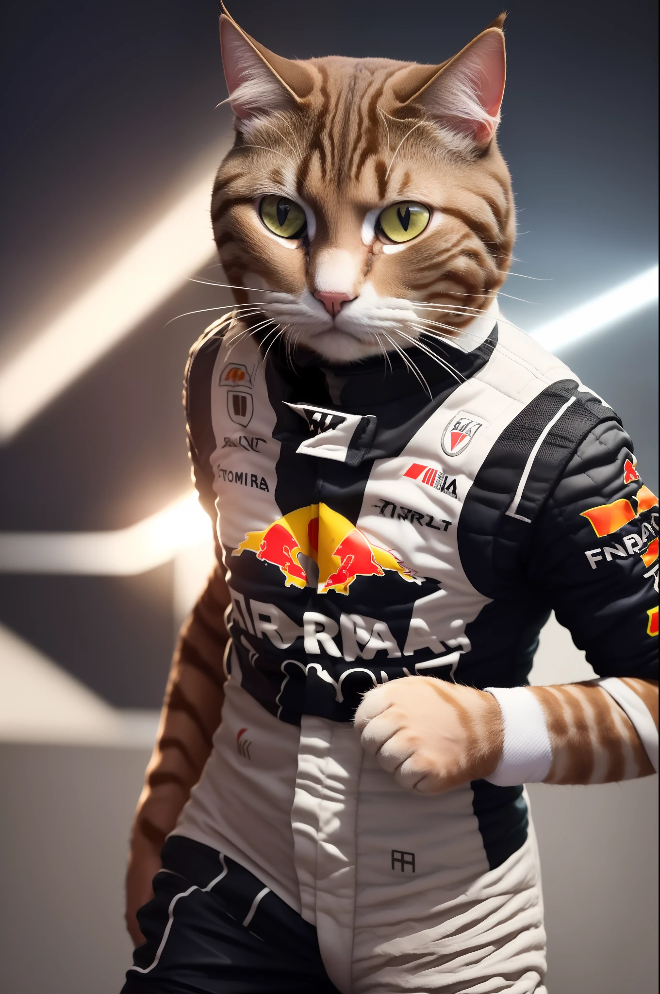 8k, super alta resolucion, obra maestra, (((un gato))), gato humanizado, ((((gato en traje corredor de formula 1)))), pista rally, asfalto, Flash cameras, rostro definido, epic, cuerpo definido, traje detallado, enfocado, luz brillante