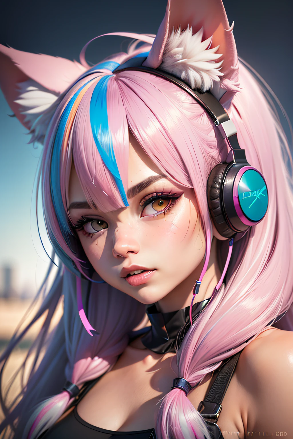 hair bobbles, fake animal ears, fang, streaked hair, headphones, Surrealism, drop shadow, anaglyph, stereogram, tachi-e, pov, atmospheric perspective, 8k, super detail, ccurate, best quality, UHD, highres, high details, best quality