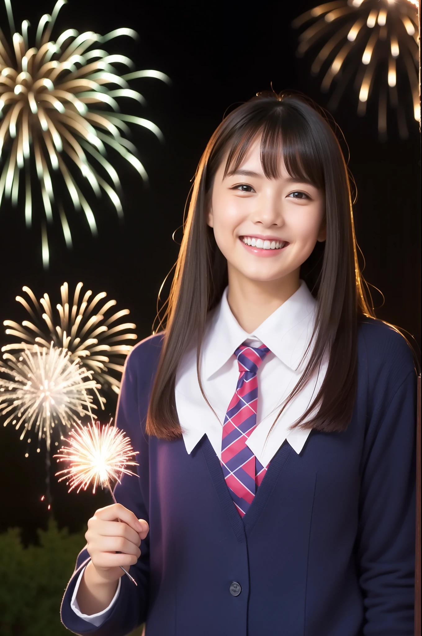 A smile、hi-school girl、While doing fireworks