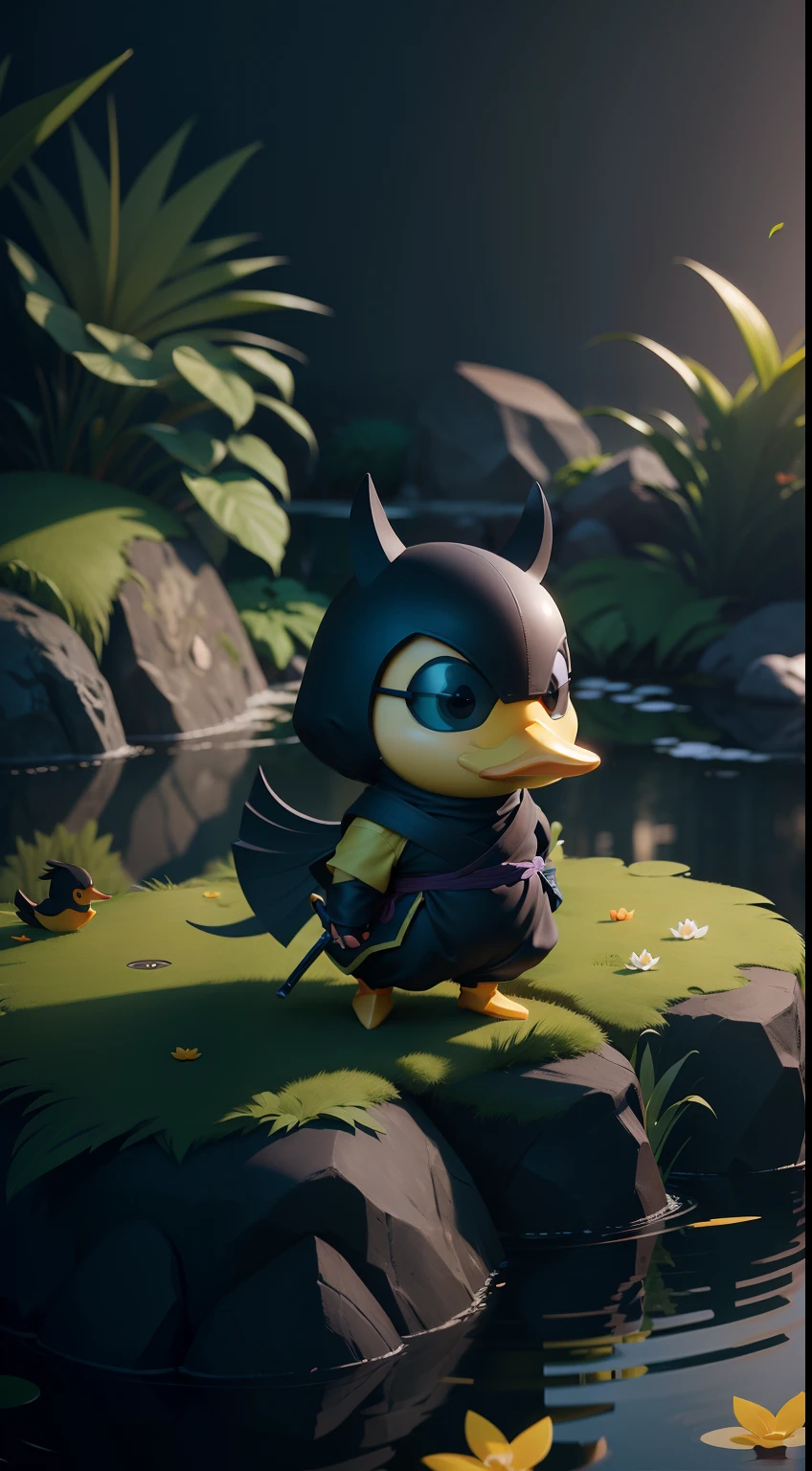 reate a vibrant dark fantasy cute ninja duck in a clean-lined minimalistic cartoon style, in the background a pond with greenery all around on a fabulous evening, octane render, 8k
