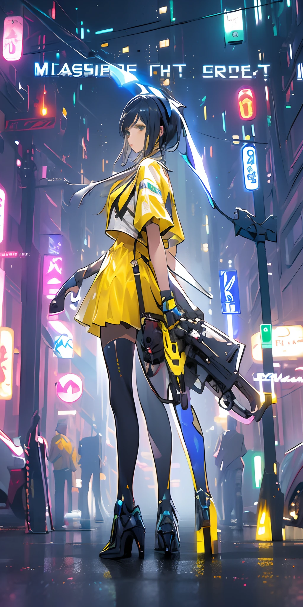 ,(masterpiece:1.2), best quality,realistic,
Cyberworld,Transparent clothes,1girl,glowing ,night, yellow and blue clothes, in a cyberpunk city road