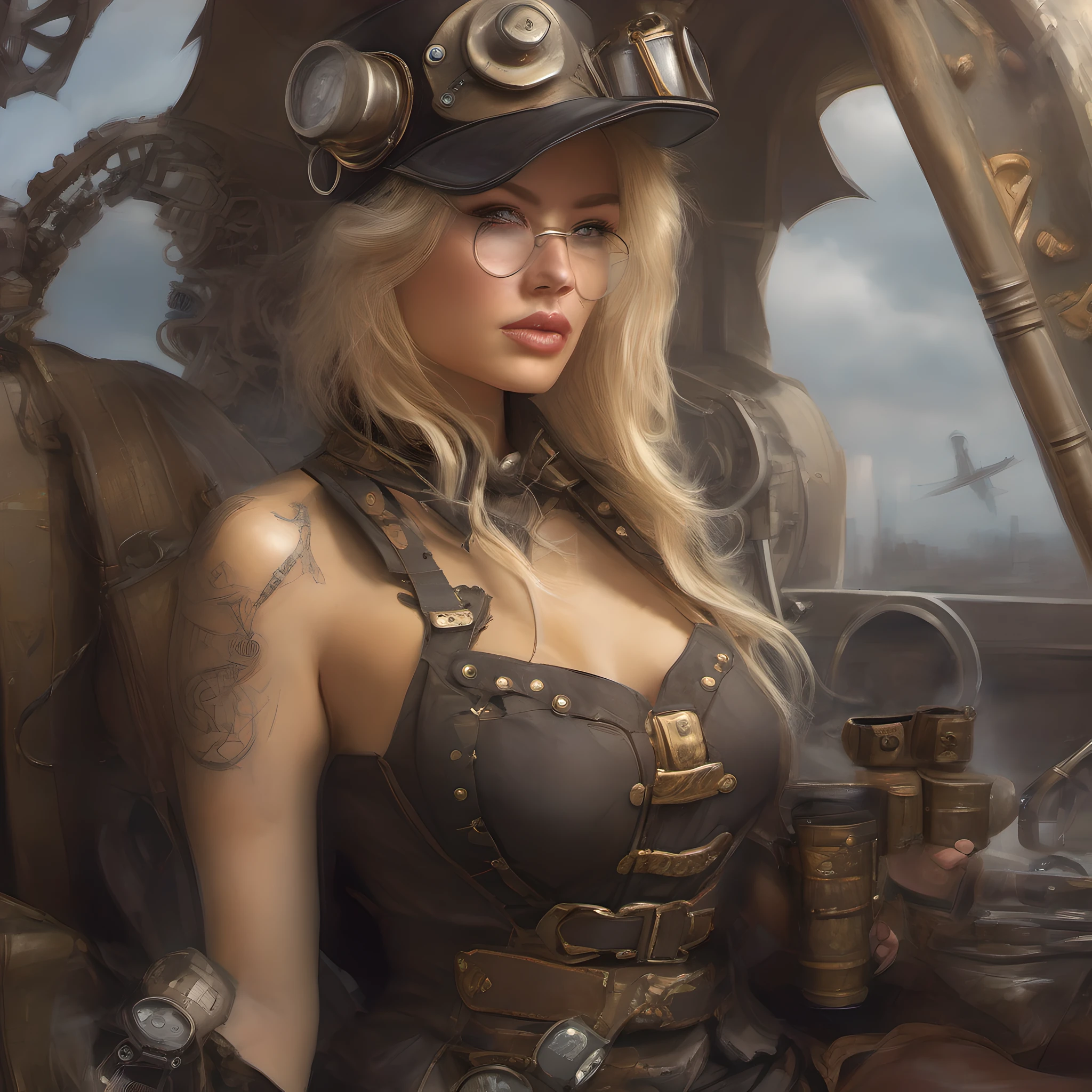 ((cuerpo completo)), La mejor calidad, Obra maestra, (fotorrealista: 1.4), Foto RAW, 8k, CHICA RUBIA CON HOMBRERAS DE ACERO STEAMPUNK, tendencias en Artstation, foco nítido, Foto de estudio, Detalles intrincados, Altamente detallado, por Greg Rutkowski