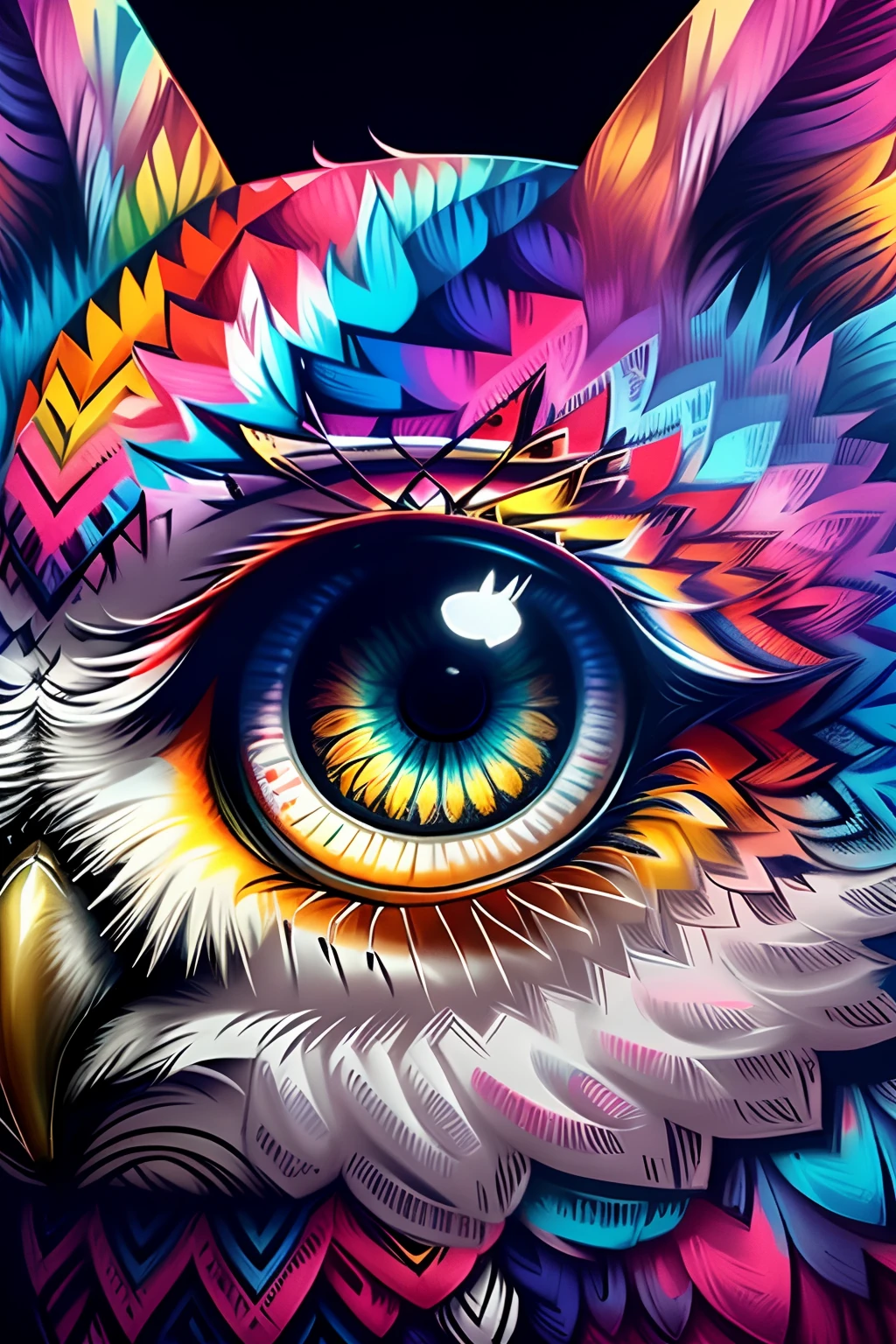 VERY DETAILED OWL COLORED EYES ON OBSERVATION ),feliz,orelha, Eduardo Kobra acolchoamento ,multidimensional geometric PORTRAIT wall, arte, chibi,
yang08k, lindo, colorido,
obras-primas, qualidade superior, melhor qualidade, arte oficial, beautiful and aesthetic, 64k
