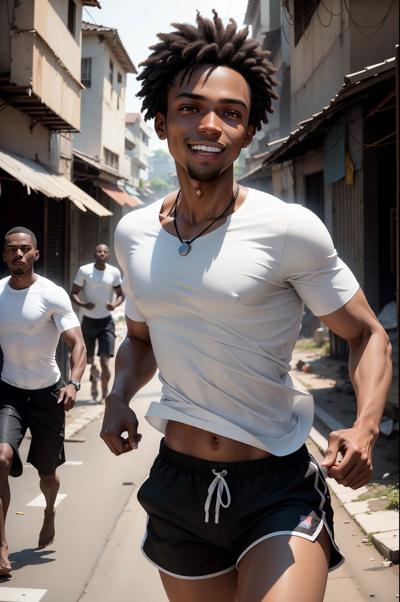 Ultra realistic 8k image of a thin, 25-year-old black man, black and very short hair, dressed in a simple white blouse and black shorts, crazy smile, running through a slum, bullets passing by his side