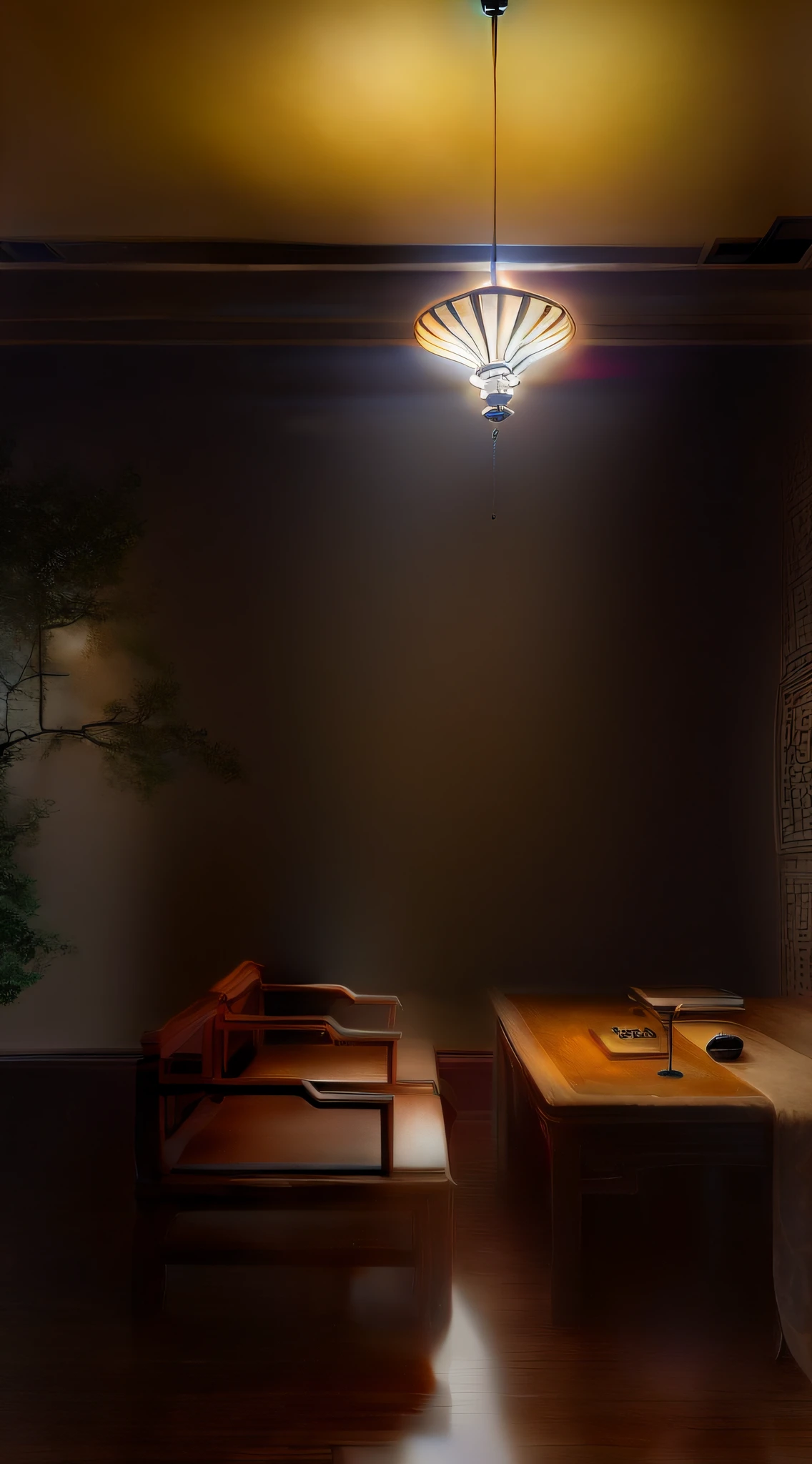 There was a room with table and chairs and a lamp。, asian interior decoration, with ancient chinese aesthetic, Chinese style, traditional korean interior, Chinese traditional, Beautiful rendering of the Tang Dynasty, render vray, inspired by Xuande Emperor, vray rendered, inspired by Gu An, author：Liao Zhichun, inspired by Emperor Huizong of Song，gentlesoftlighting，Halo