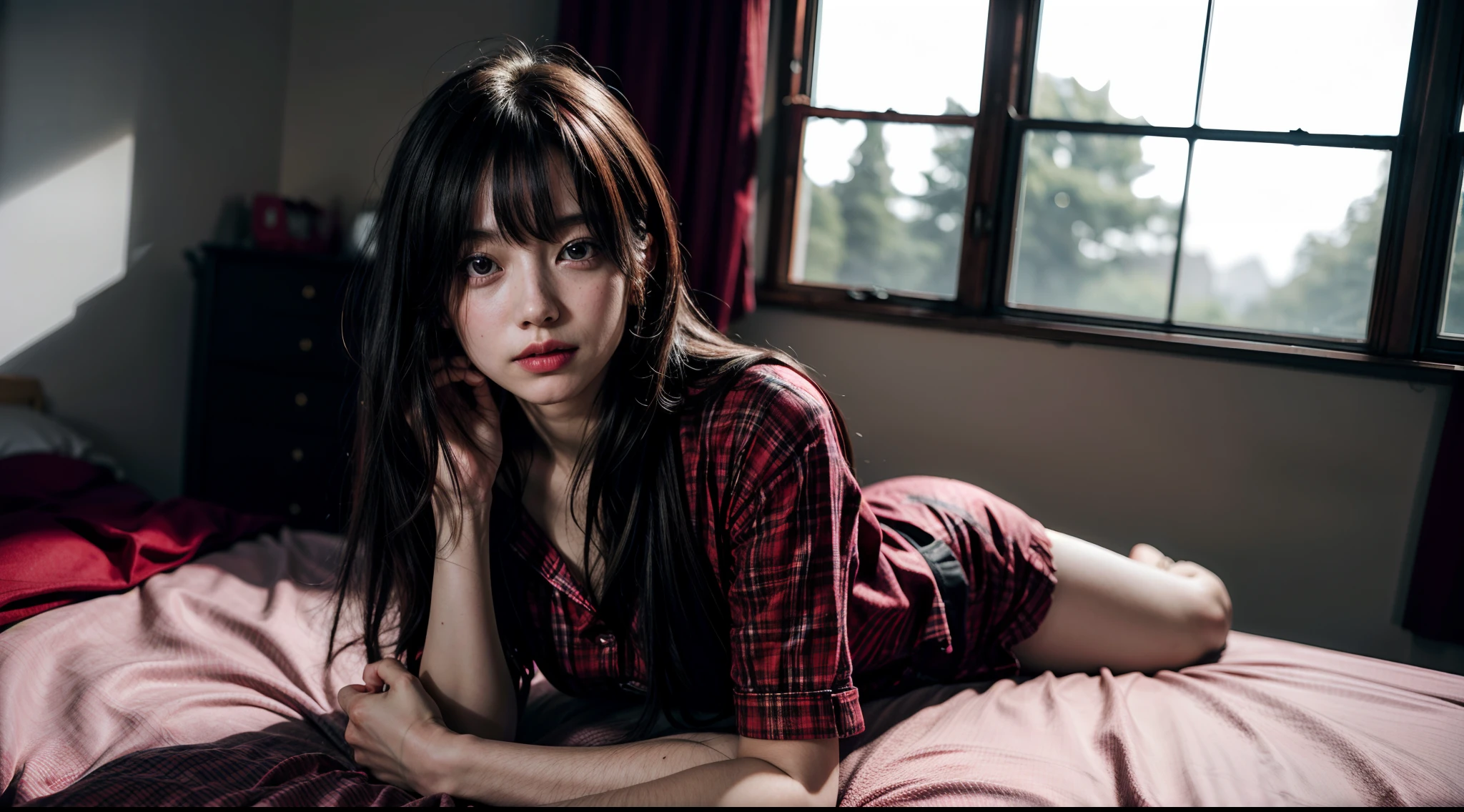 (1girl), solo, messy-long_hair, wearing(red-sexy-pyjamas), photo(medium-shot), sitting, (pov, blurry_background:1.5), background(black, bed, bedroom, windows), natural-lighting, (photorealistic, absurdres, best_quality:1.55),