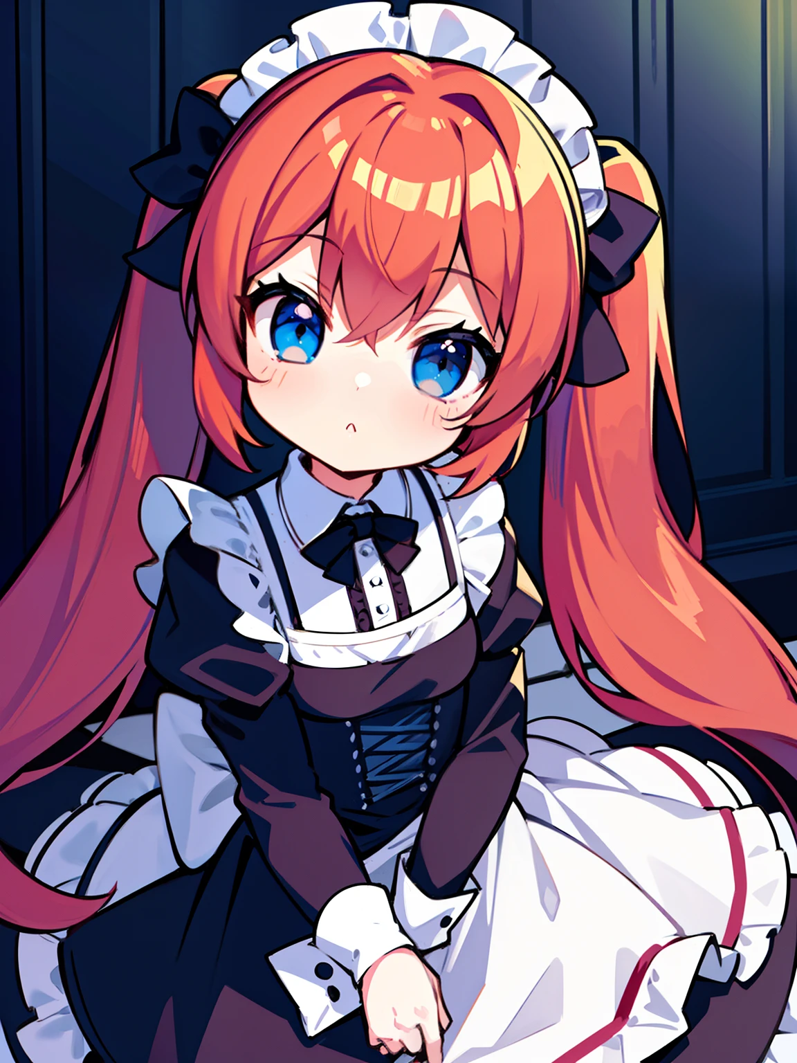{{best quality}}, {{masterpiece}}, {{ultra-detailed}}, {illustration}, {detailed light}, red hair,blue eyes,twintails,maid, long hair, long sleeves, gothic, solo, loli,little girl,cute