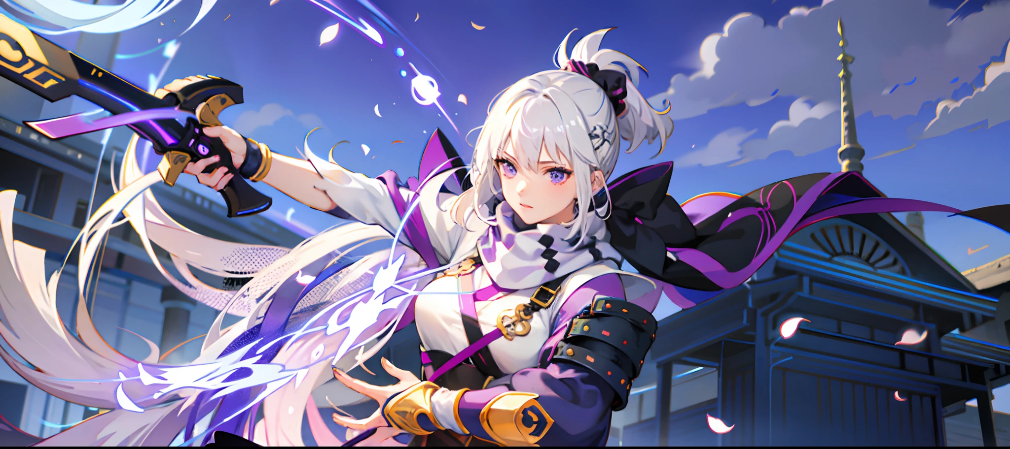 upper body, 1girl, white hair, ponytail, purple eyes, (ninja), short sword, medium breats ,scarf, wallpaper, magic circle background, light particles, blue fire,