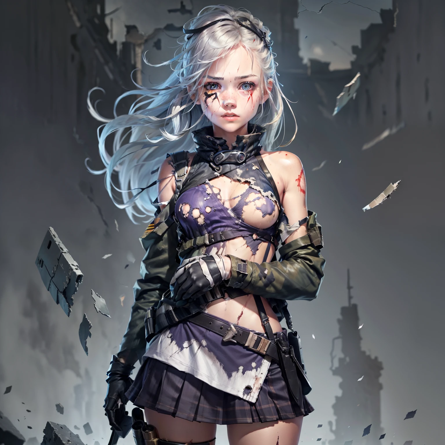 s girl，Scarred，Broken clothes，battlefiled，Remains Cliff，Clothes are not covered，bullet holes，severed limbs，blood vess