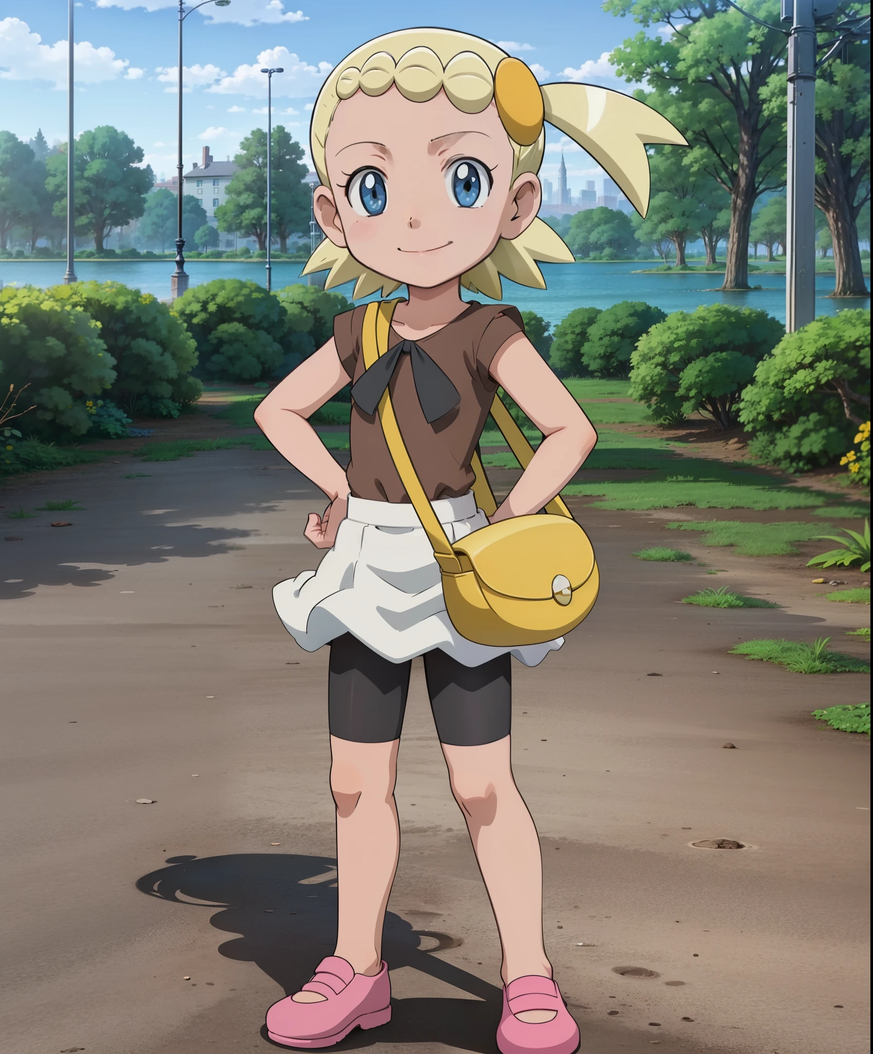 Bonnie, 1girl, solo, looking at viewer, smile, skirt, shirt, closed mouth, standing, full body, short sleeves, shoes, shorts, bag, hand on hip, white skirt, bike shorts, child, handbag, shoulder bag, pink footwear, female child, brown shirt, jaggy lines